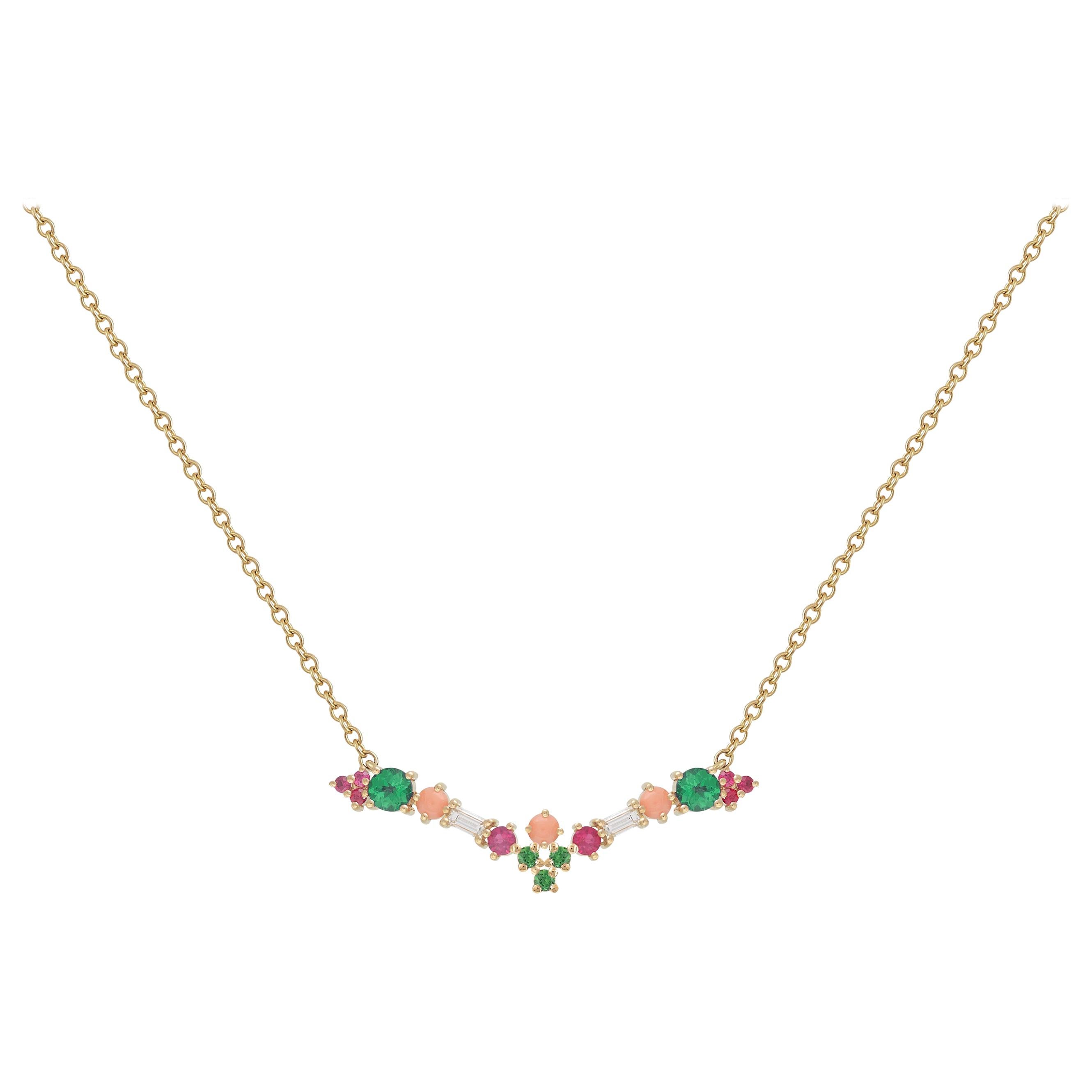 Colorful Necklace in 18k Gold with Rubies, Emeralds, Corals and Diamonds