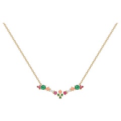 Colorful Necklace in 18k Gold with Rubies, Emeralds, Corals and Diamonds