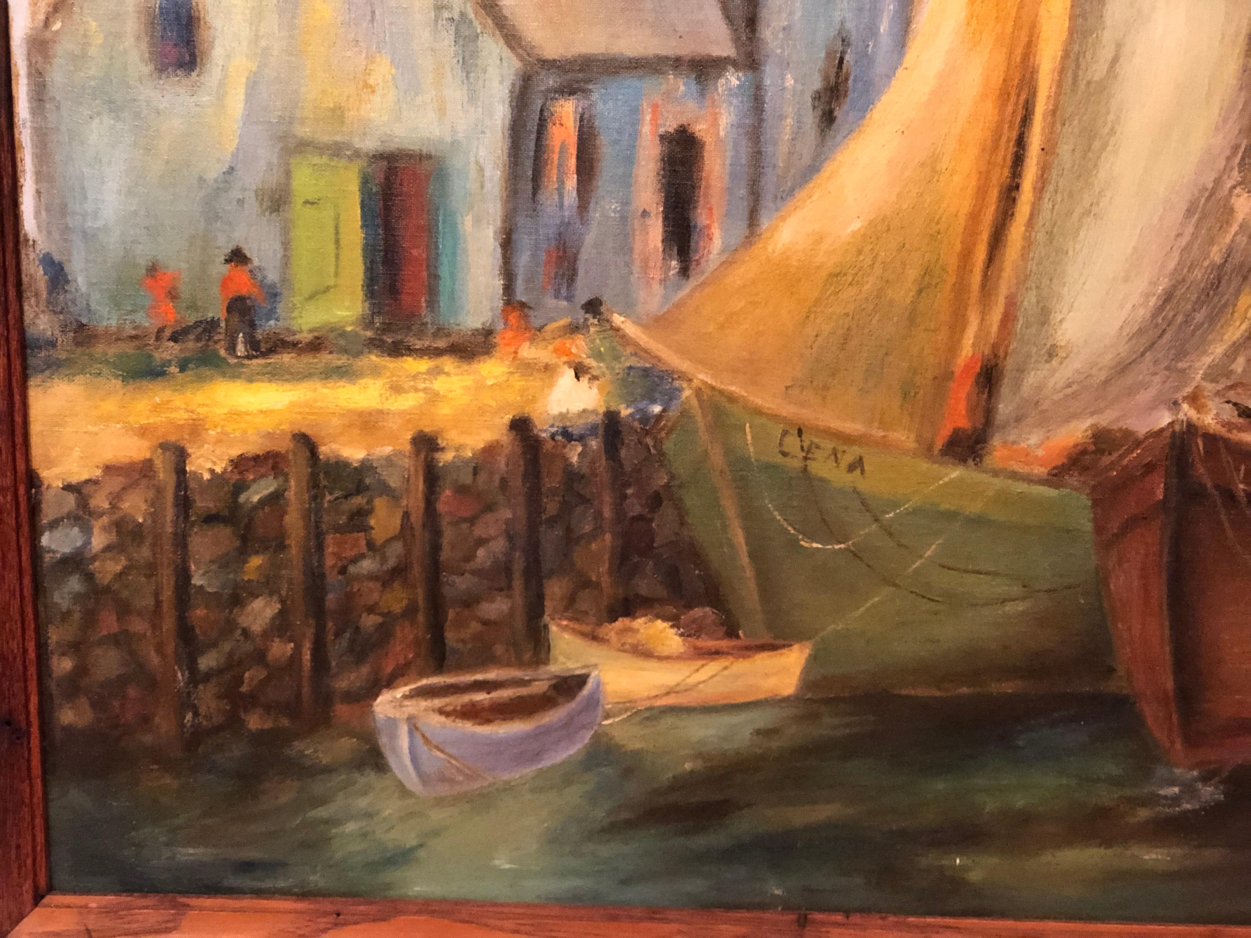 Colorful Oil on Board of Boats in a Harbor For Sale 4