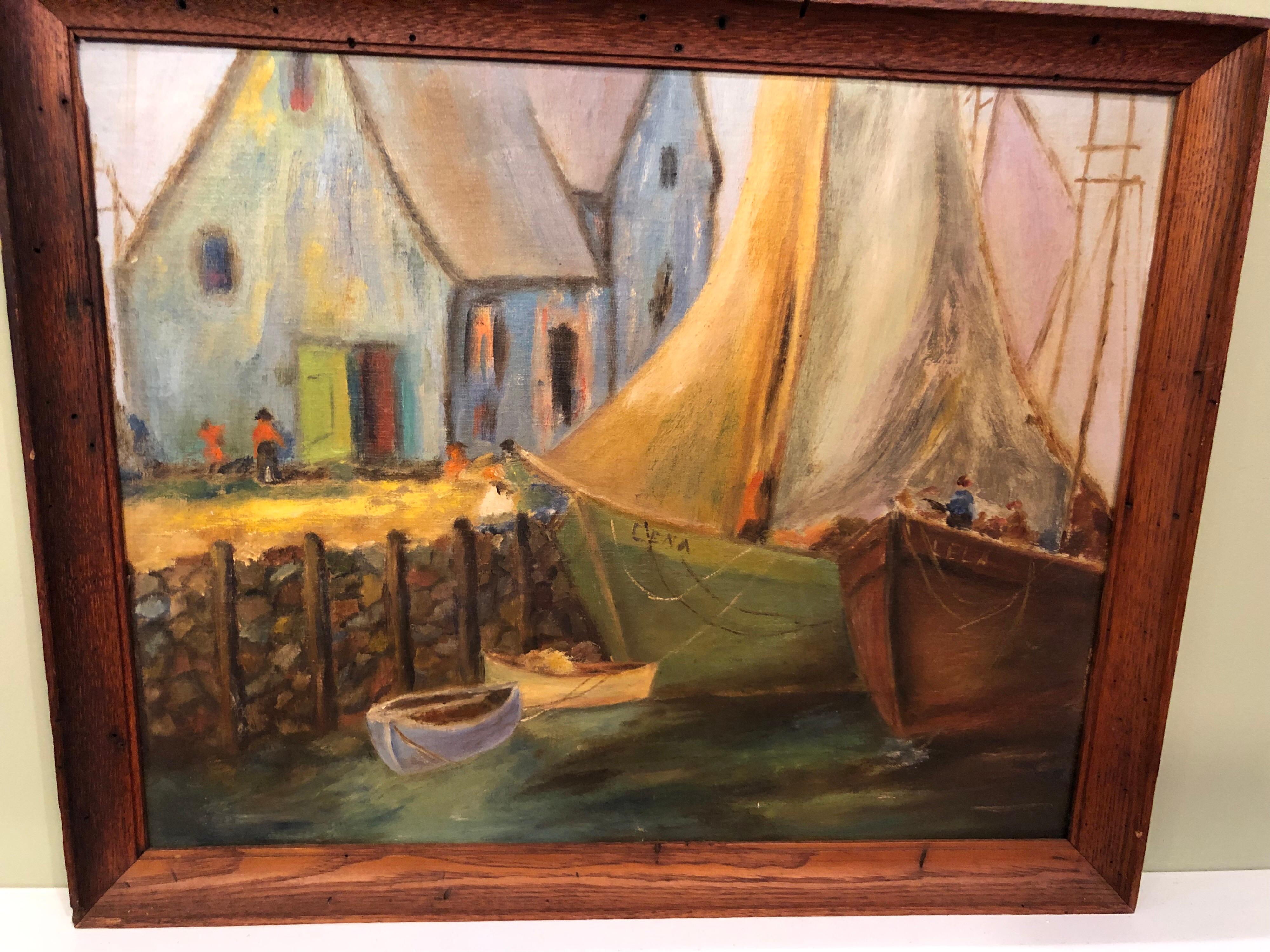 Colorful Oil on Board of Boats in a Harbor For Sale 6