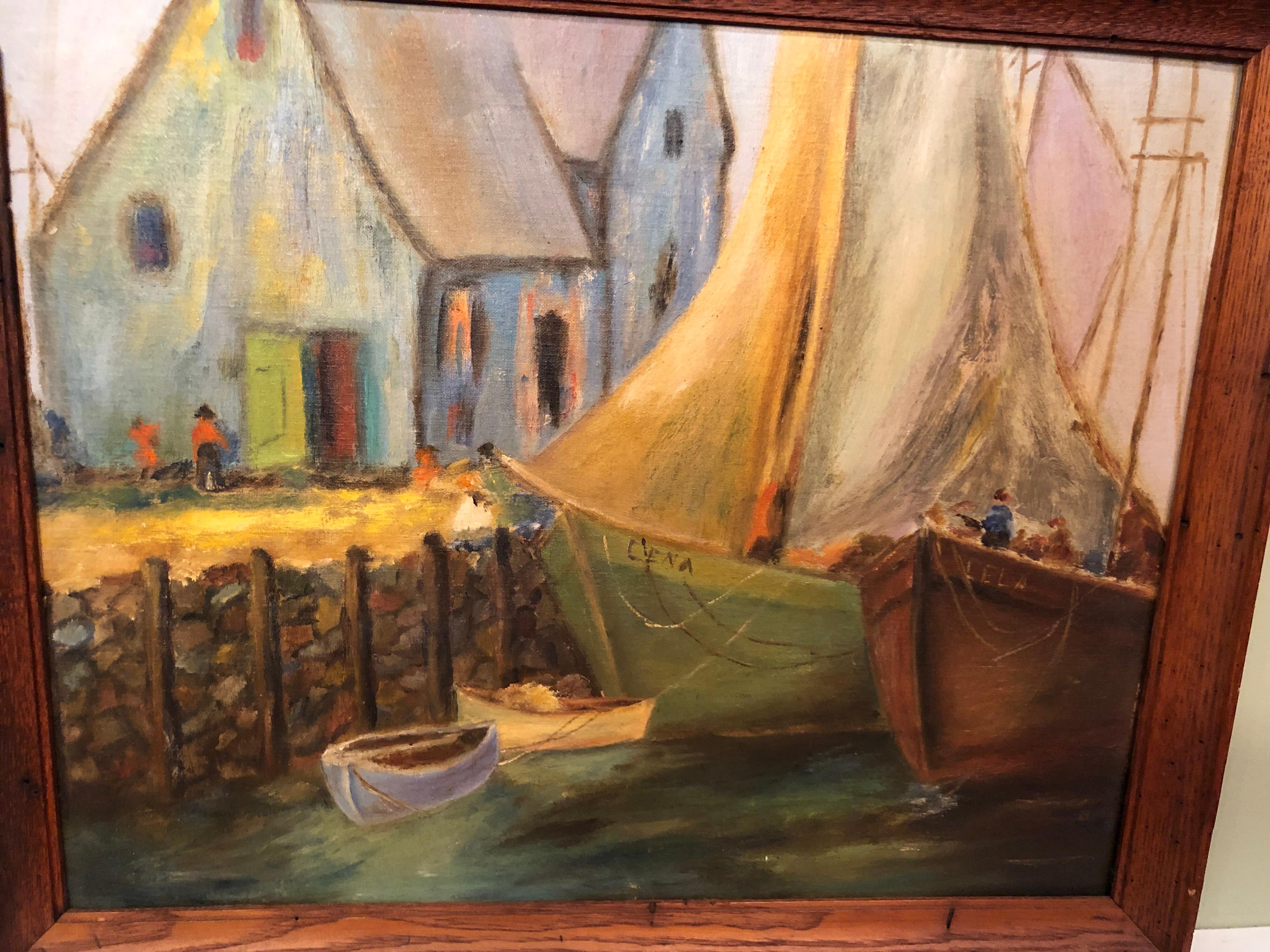 Colorful Oil on Board of Boats in a Harbor For Sale 7
