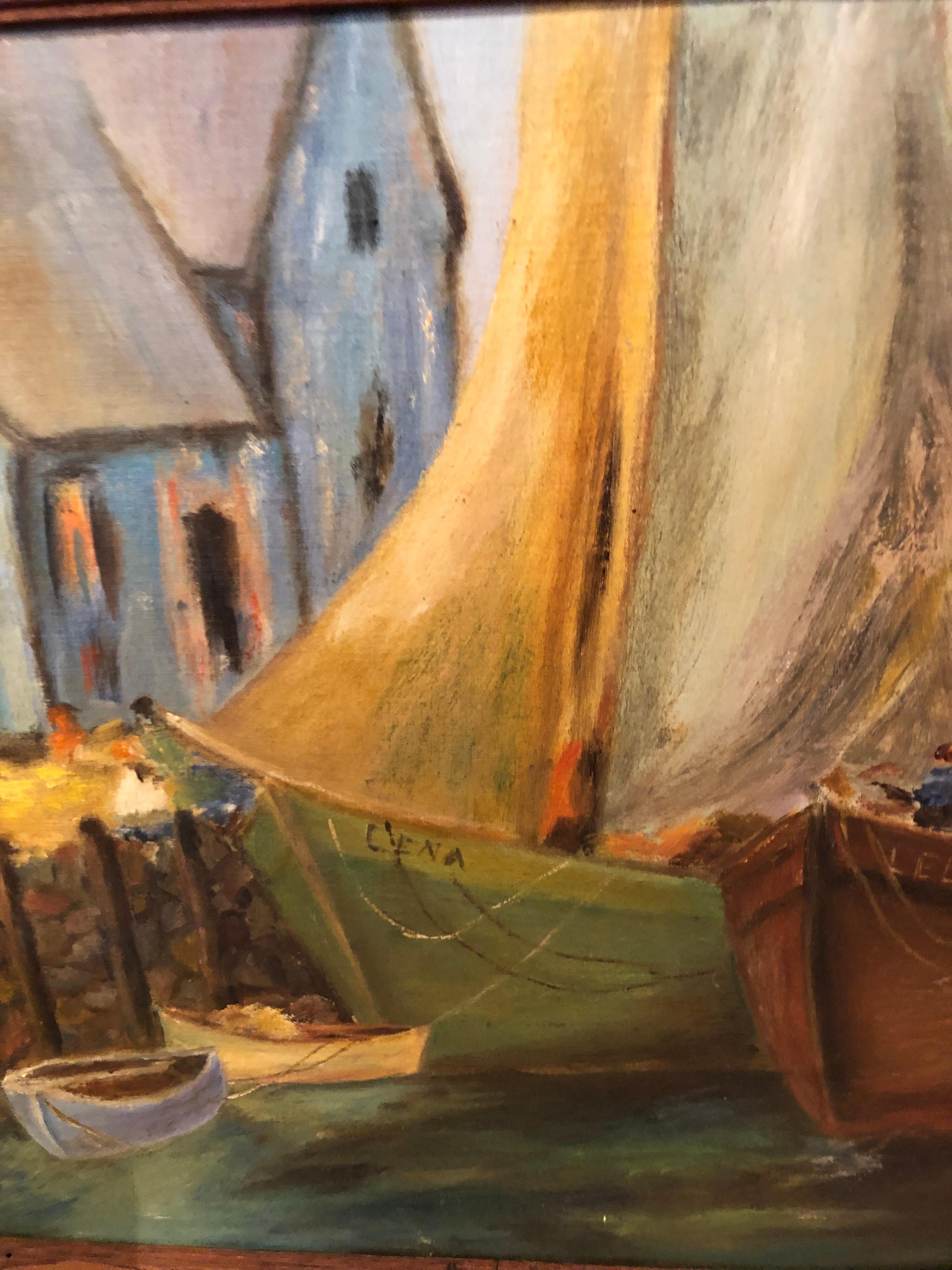 Colorful Oil on Board of Boats in a Harbor For Sale 8