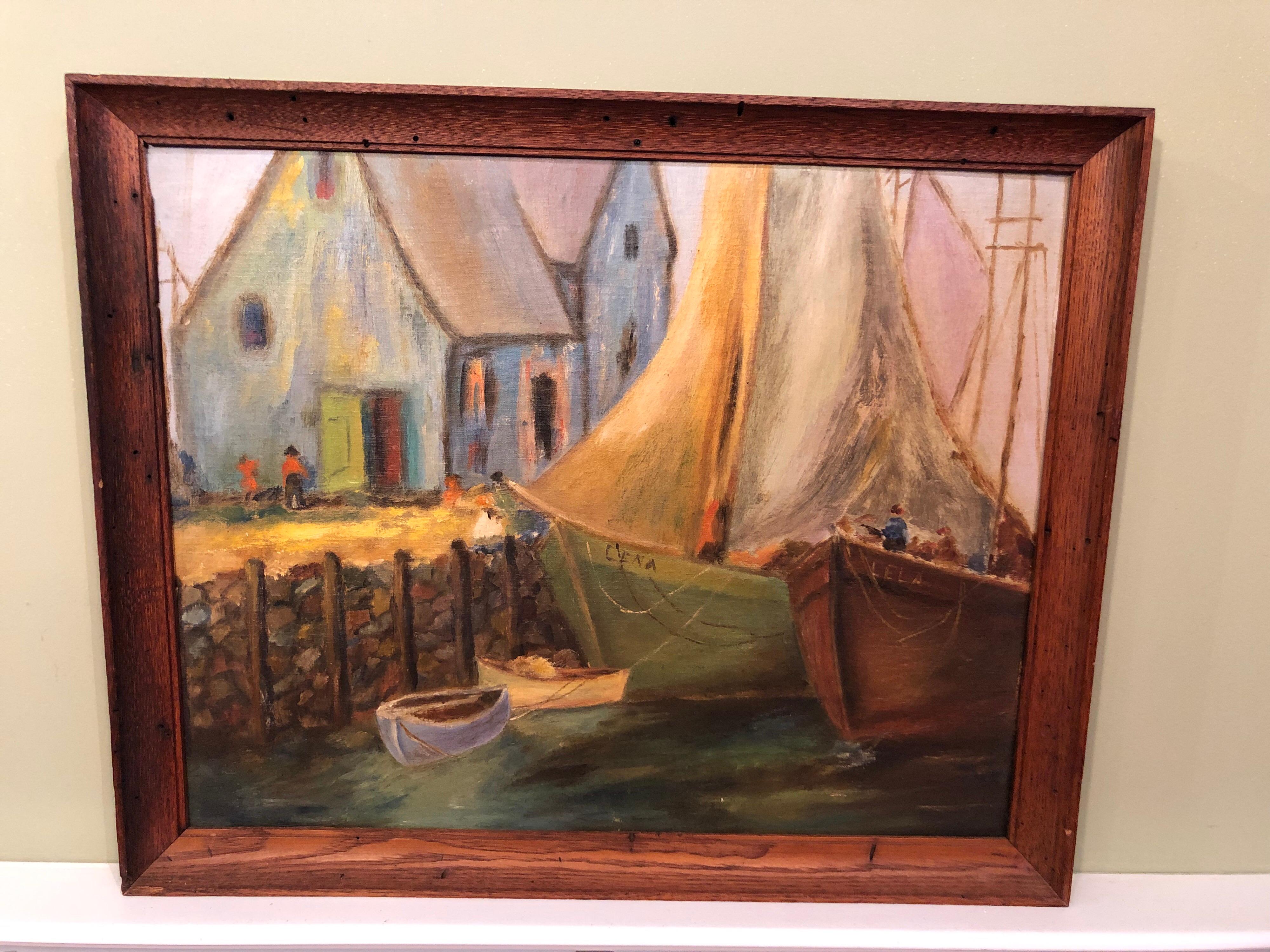 0il coloré à bord de bateaux dans un port. Jolie peinture du milieu du siècle avec une palette de tons de terre et une technique d'empâtement légère. Le tout est présenté dans un cadre en bois solide.