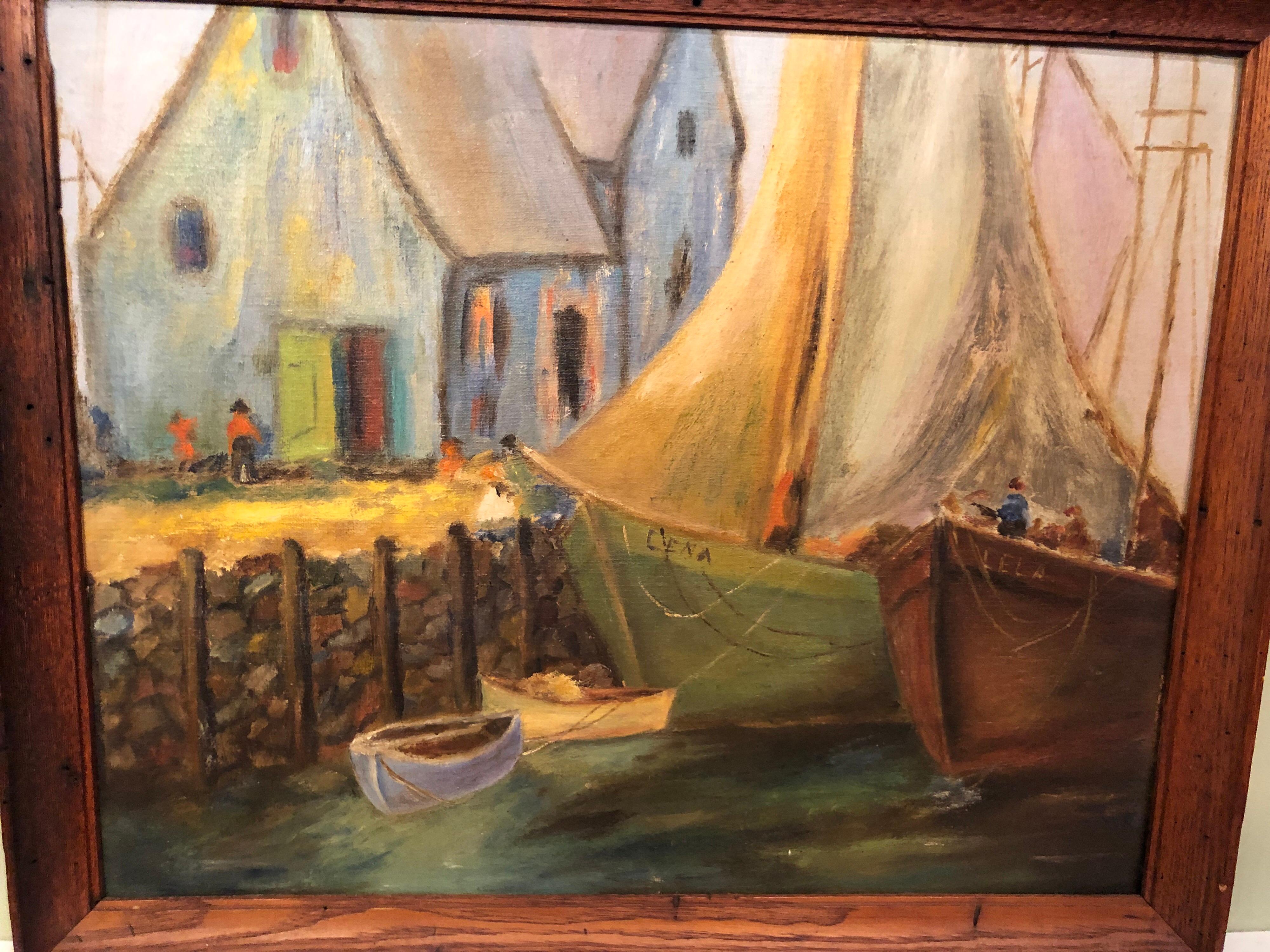 Mid-Century Modern Huile sur panneau colorée représentant des bateaux dans un port en vente