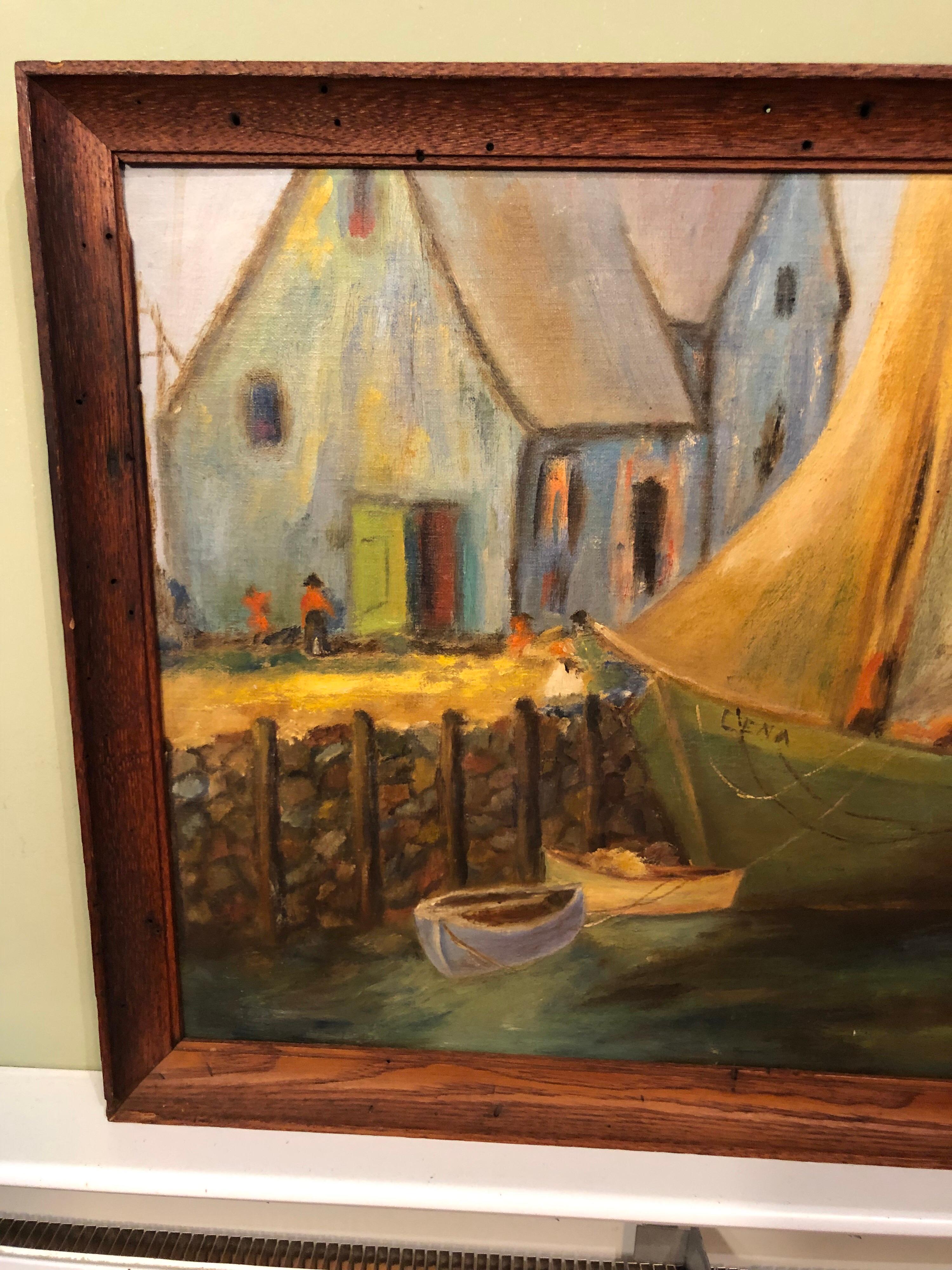 Colorful Oil on Board of Boats in a Harbor In Good Condition For Sale In Redding, CT