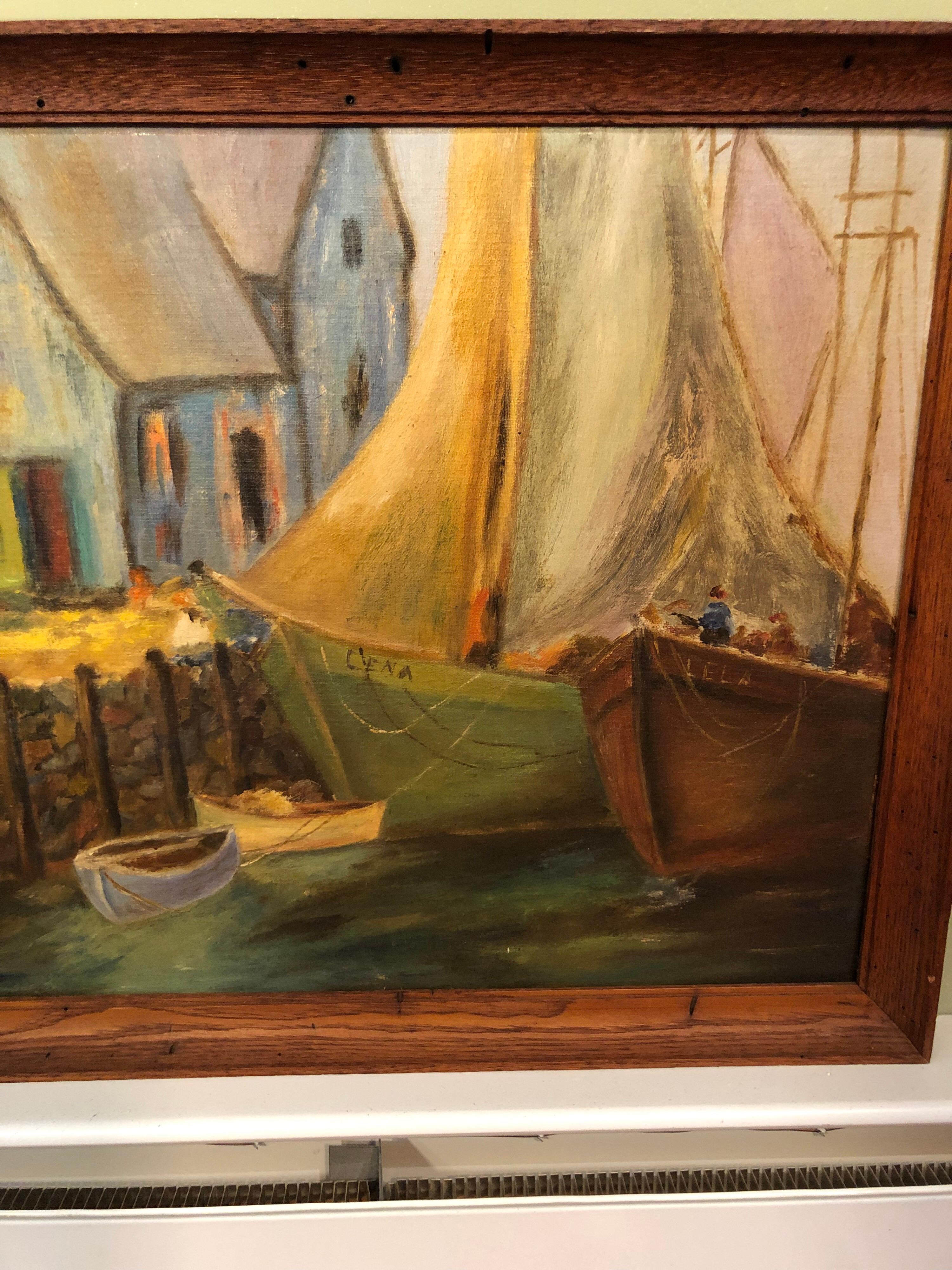 20th Century Colorful Oil on Board of Boats in a Harbor For Sale