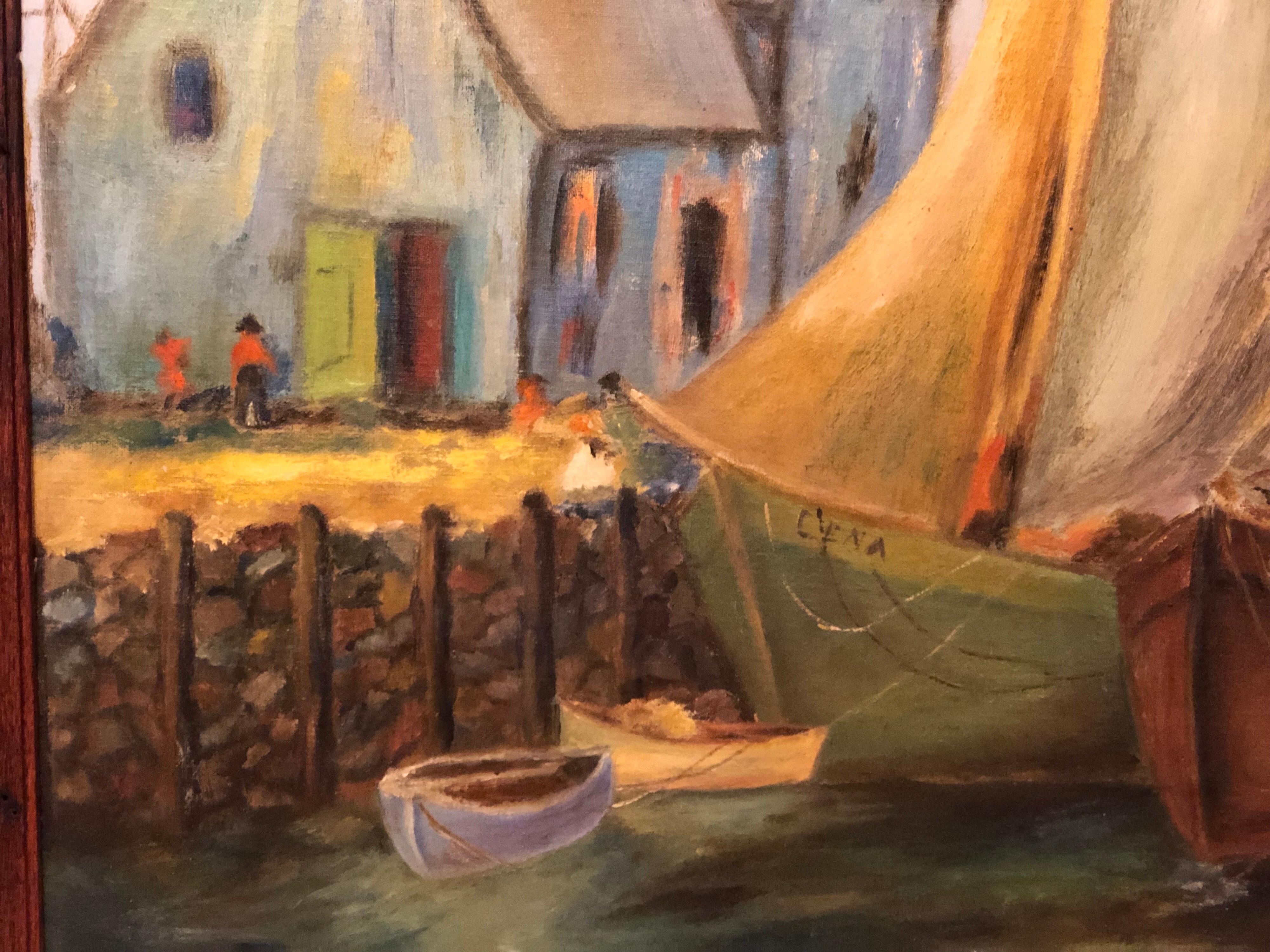 Colorful Oil on Board of Boats in a Harbor For Sale 3