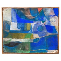 Vintage Colorful Oil on Burlap ''Composition'' by Serge Rezvani