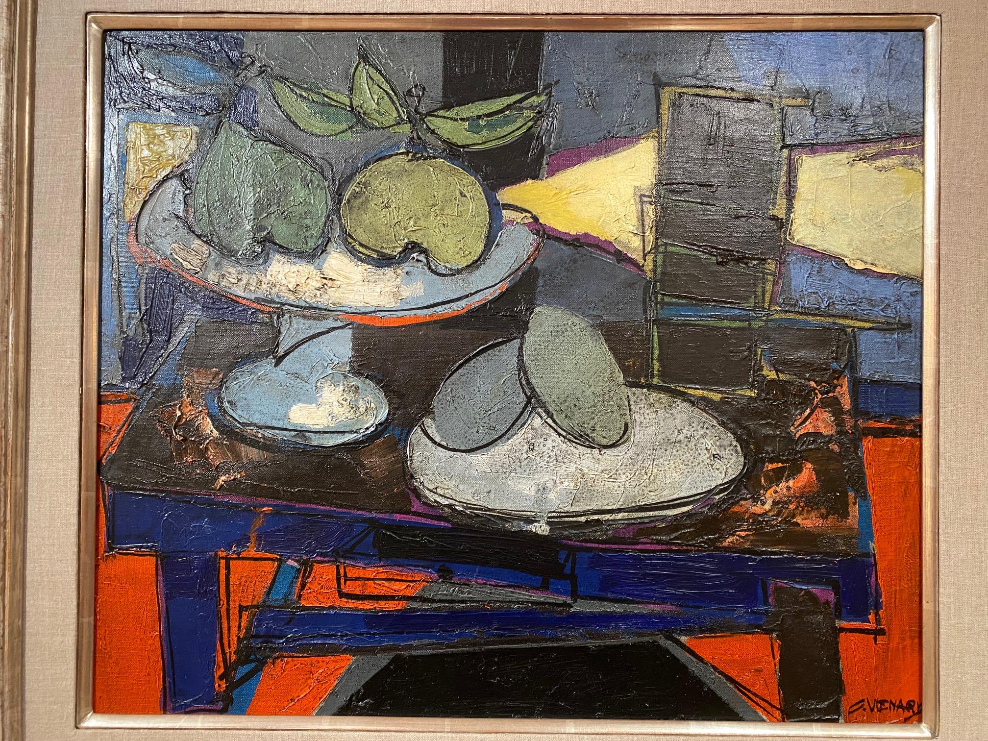 Claude Venard, peintre français (1913-1999), huile sur toile abstraite cubiste colorée 