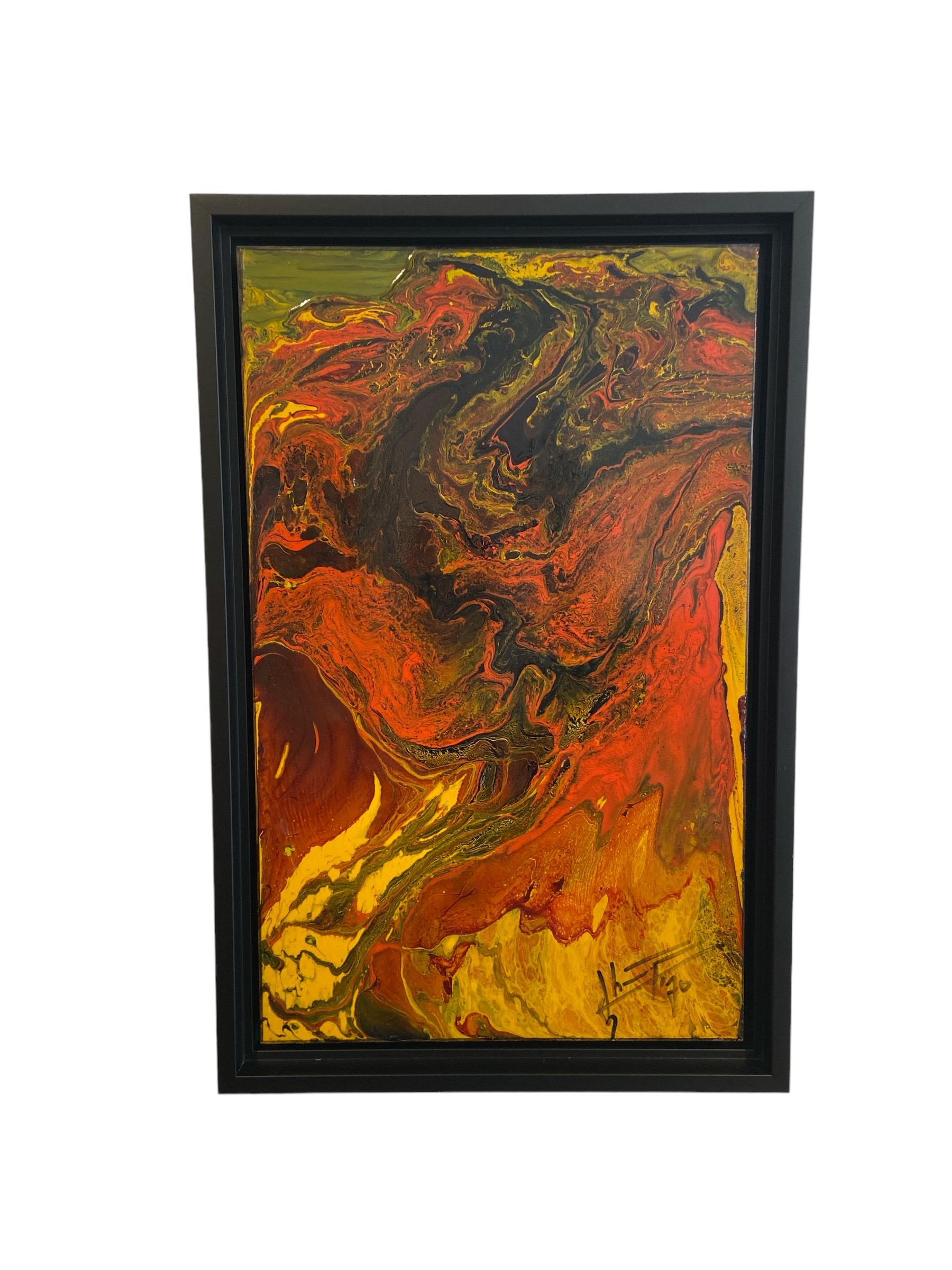 Colorful painting on copper in a (recent) black frame.
Signed: JH. F...(unknown). Dated: 1970