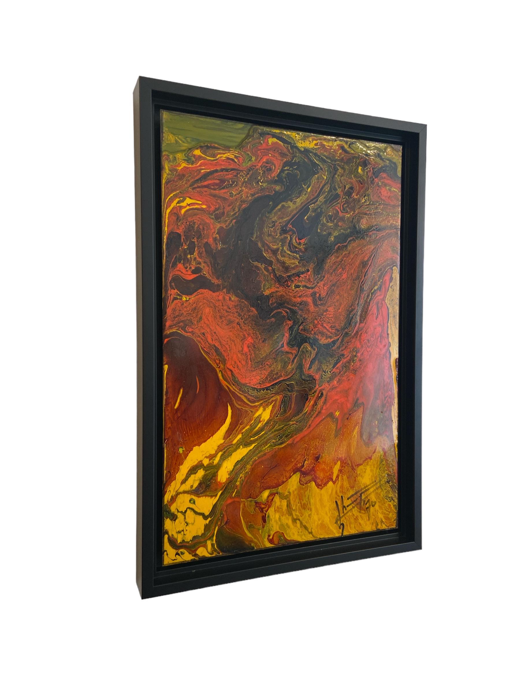 Mid-Century Modern Colorful oil painting on copper in a black frame For Sale