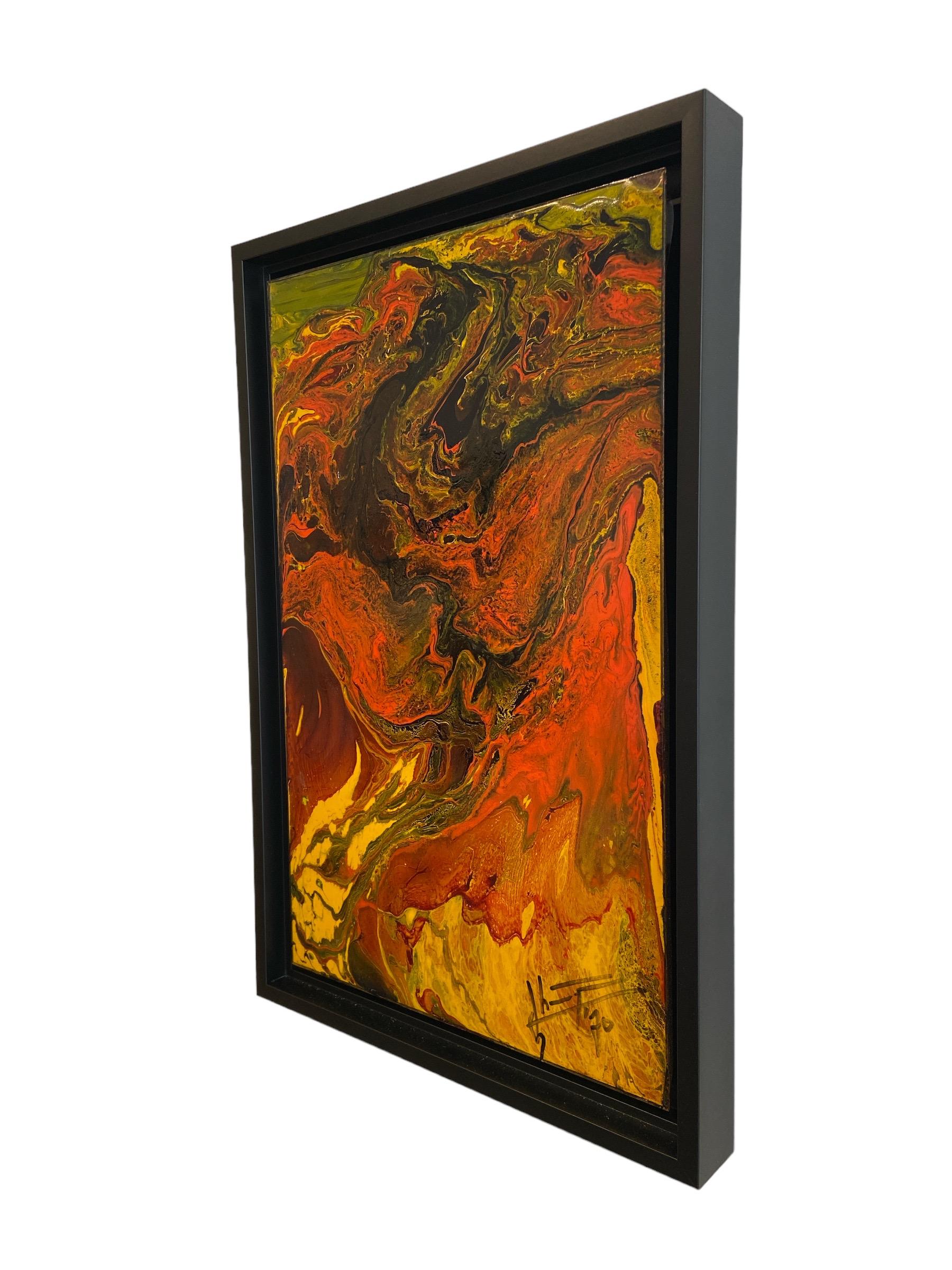 Hand-Crafted Colorful oil painting on copper in a black frame For Sale
