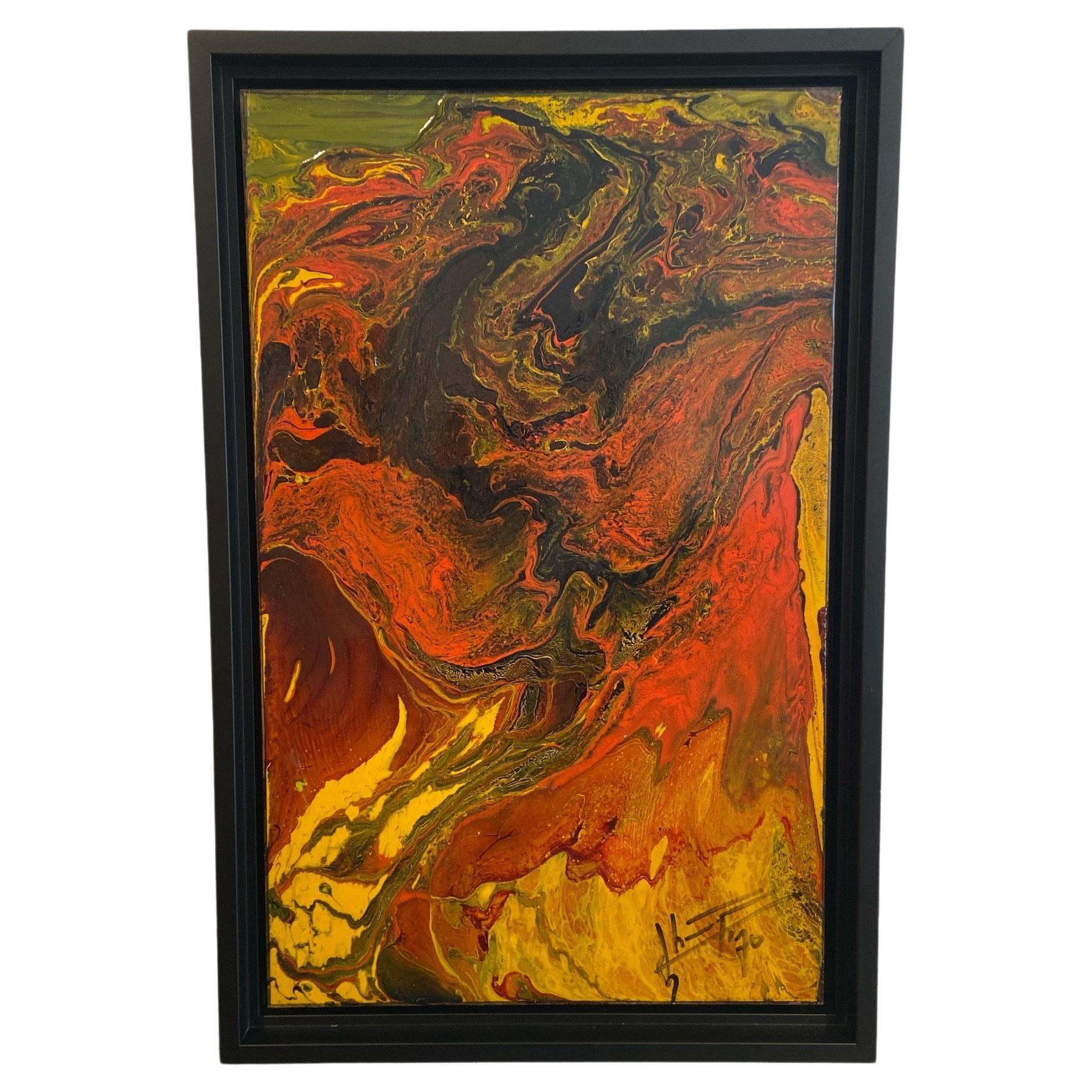 Peinture à l'huile colorée sur cuivre dans un cadre noir en vente