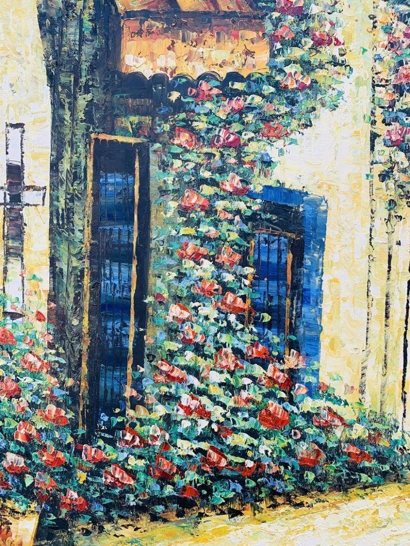 Schönes und farbenfrohes Gemälde einer Kirche oder eines Hauses, das mit schönen Blumen bedeckt zu sein scheint.

Unterzeichnet C. PENN.

Abmessungen:
40 Zoll hoch x 28 Zoll breit.
Segeltuch:
36 Zoll hoch x 24 Zoll breit.