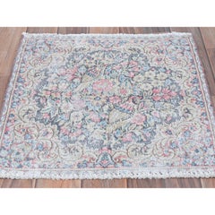 Colorful Old Persian Kerman Shabby Chic Hand Knotted Distressed Worn Wool Rug
