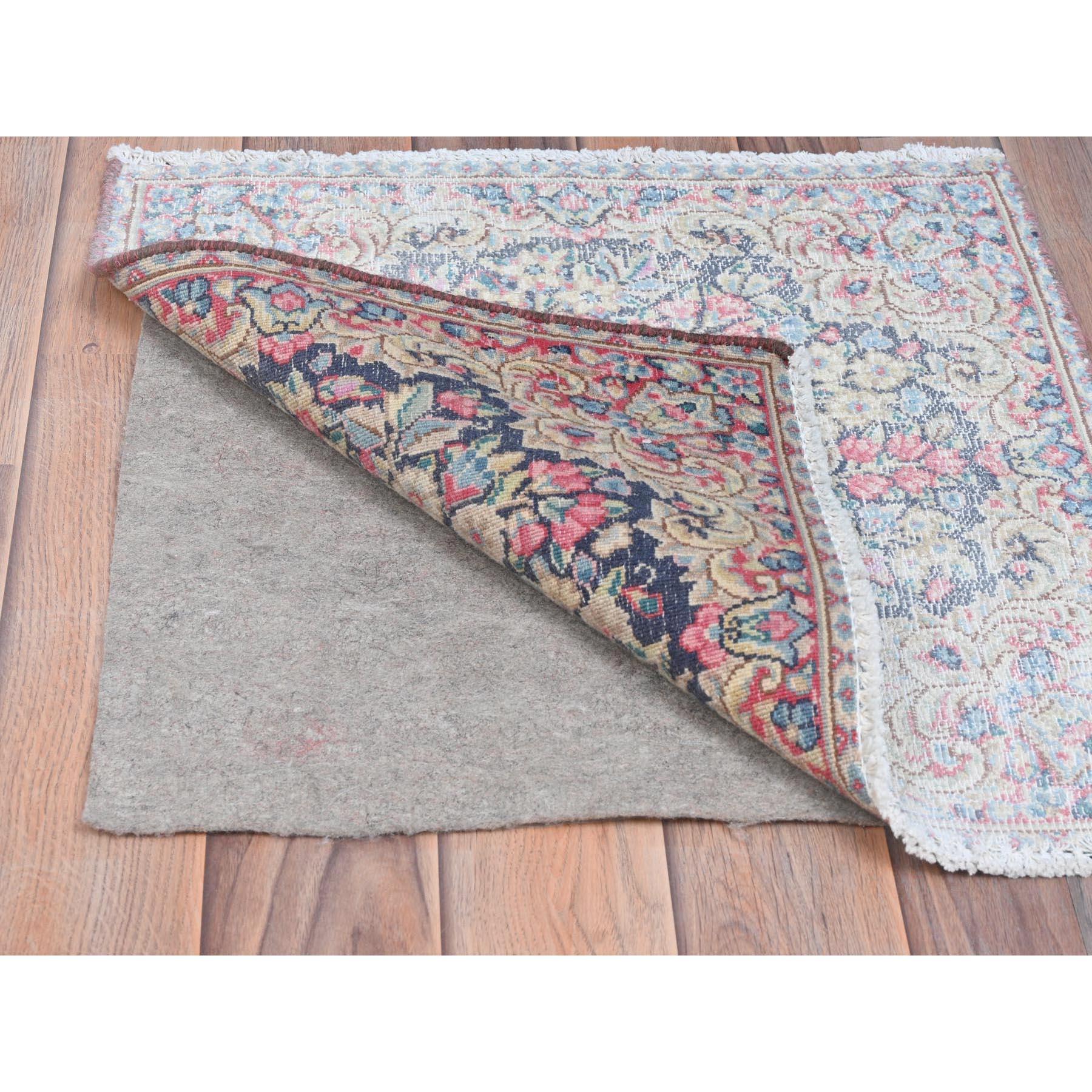 Medieval Colorful Old Persian Kerman Shabby Chic Hand Knotted Distressed Worn Wool Rug For Sale