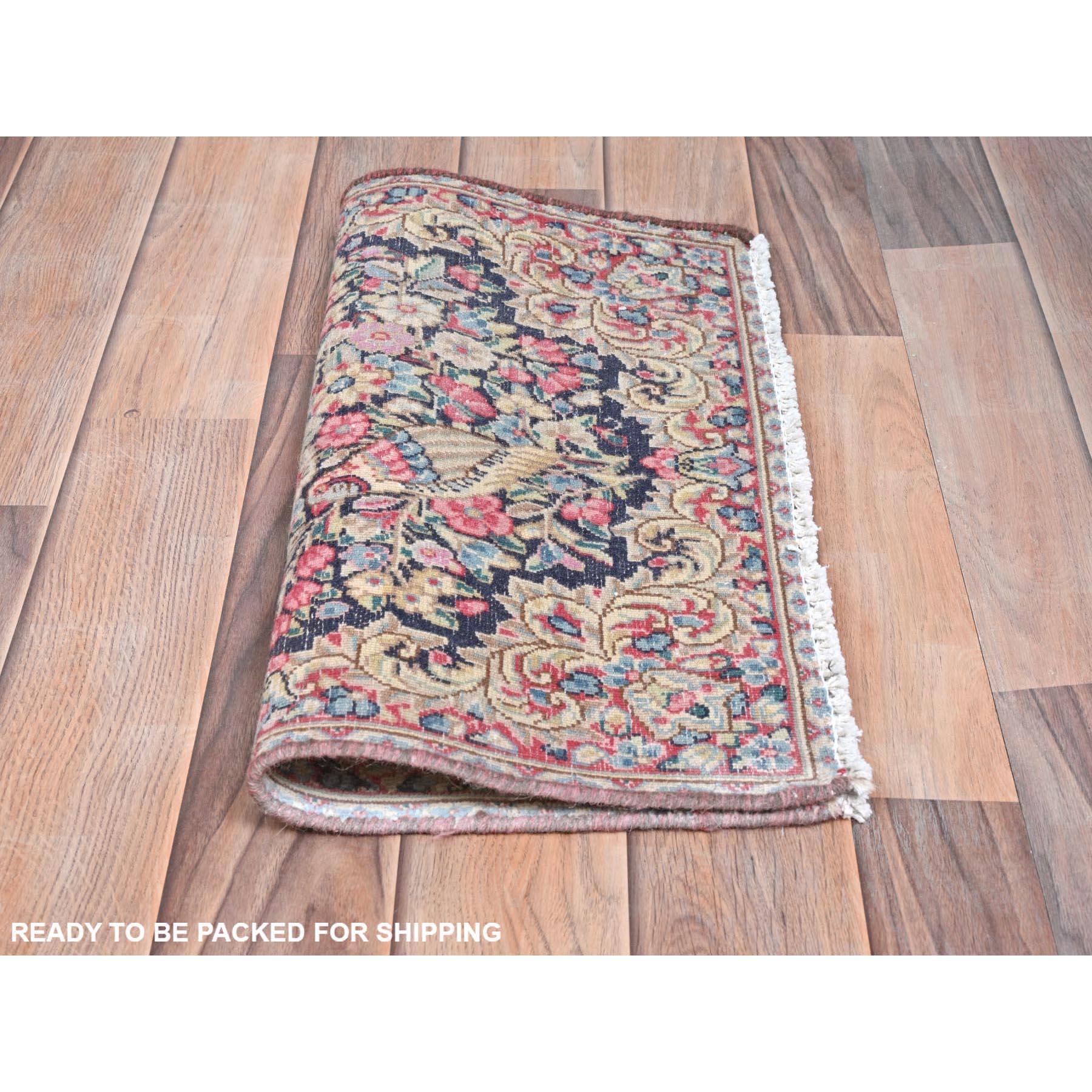 Hand-Knotted Colorful Old Persian Kerman Shabby Chic Hand Knotted Distressed Worn Wool Rug For Sale