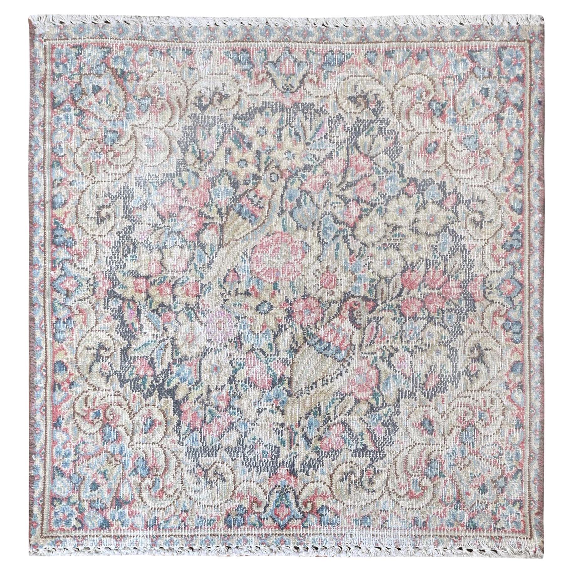 Colorful Old Persian Kerman Shabby Chic Hand Knotted Distressed Worn Wool Rug For Sale