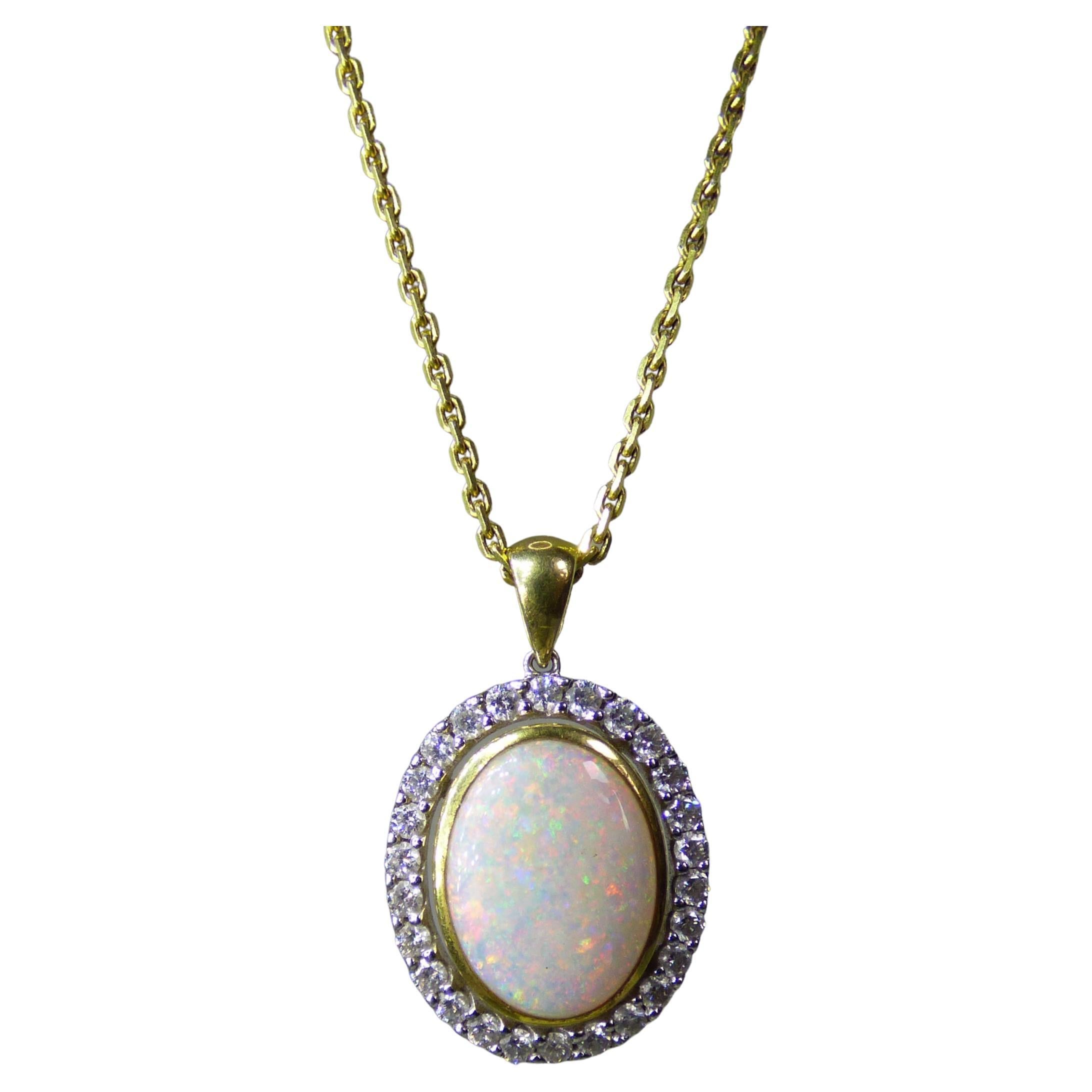 Colorful 4.5ct Opal and Diamond Oval Pendant in 18K Yellow Gold  For Sale