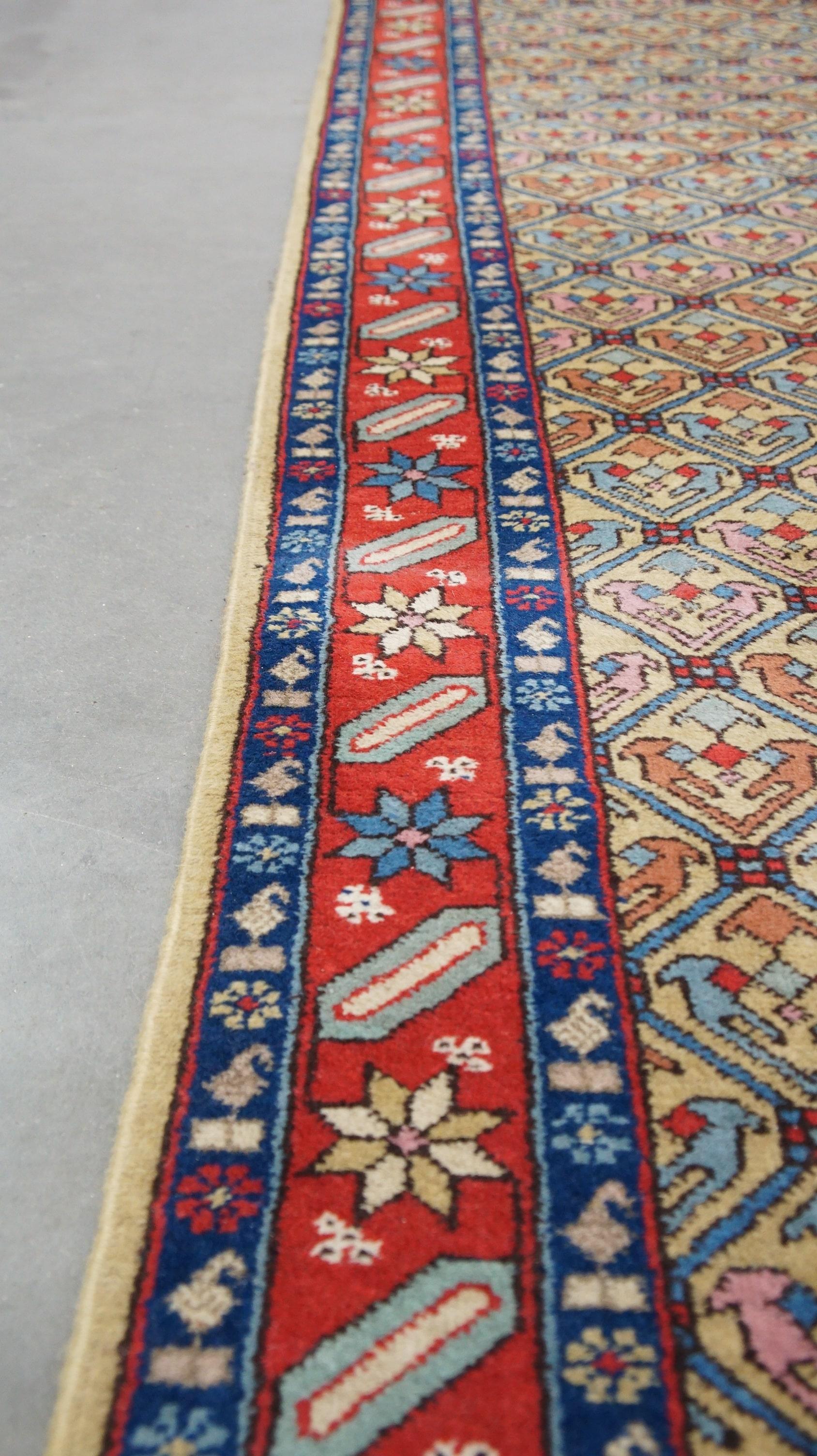 Hand-Crafted Colorful oriental runner with contrasting edges and cozy patterns 314x92cm For Sale
