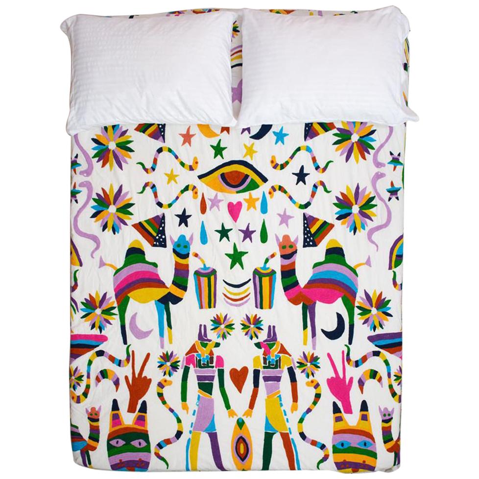 Colorful Ottomi Inspired Embroidered Coverlet Bedspread Wall Hanging For Sale