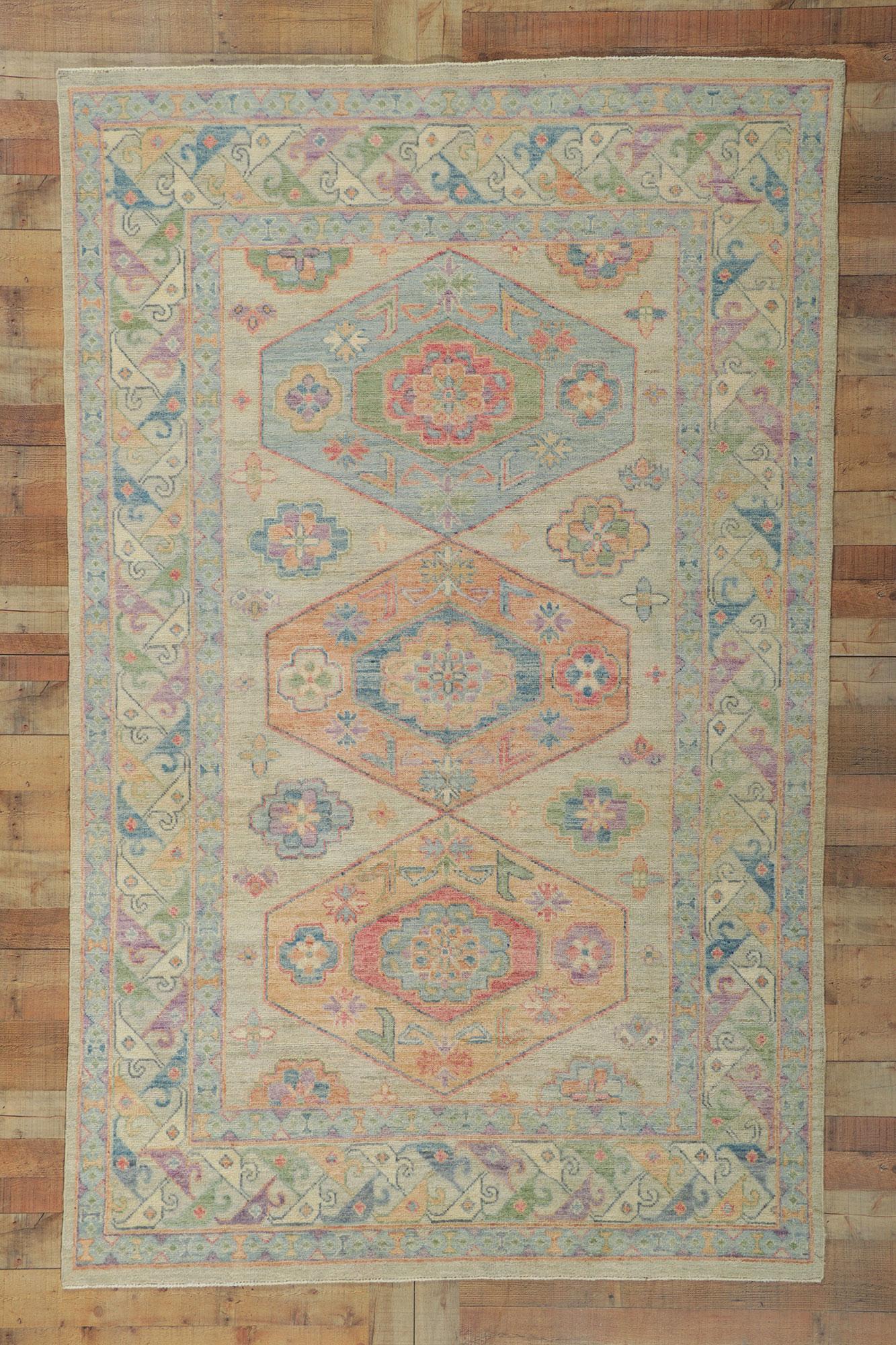 Colorful Oushak Rug, Grandmillenial Meets Tribal Enchantment For Sale 3