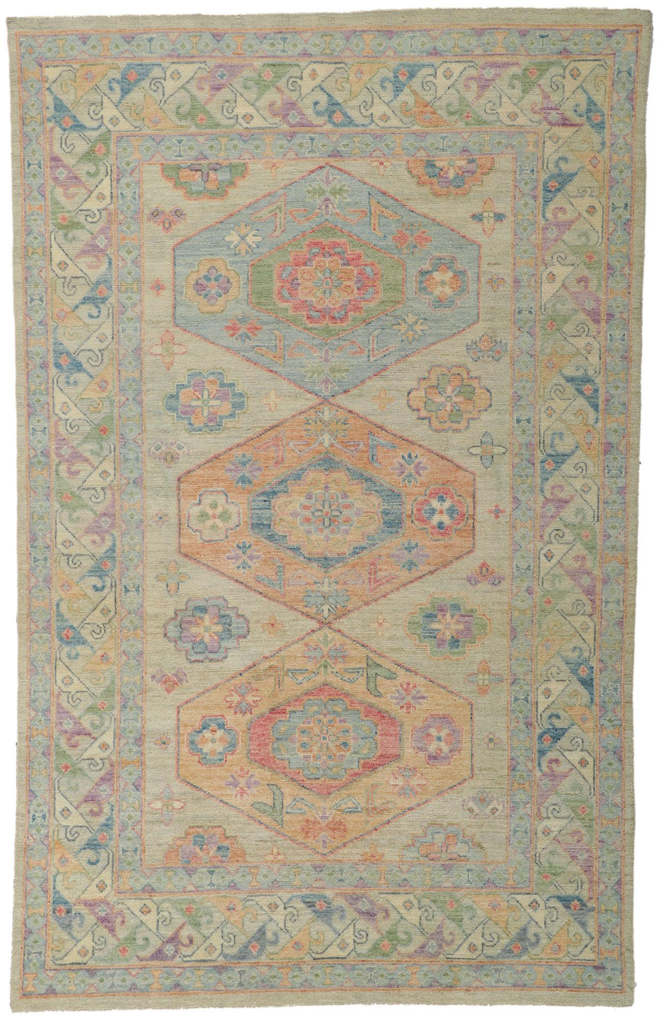 Colorful Oushak Rug, Grandmillenial Meets Tribal Enchantment For Sale 4