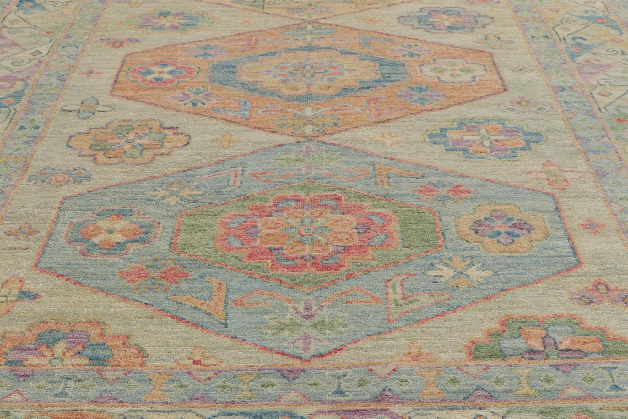 Hand-Knotted Colorful Oushak Rug, Grandmillenial Meets Tribal Enchantment For Sale