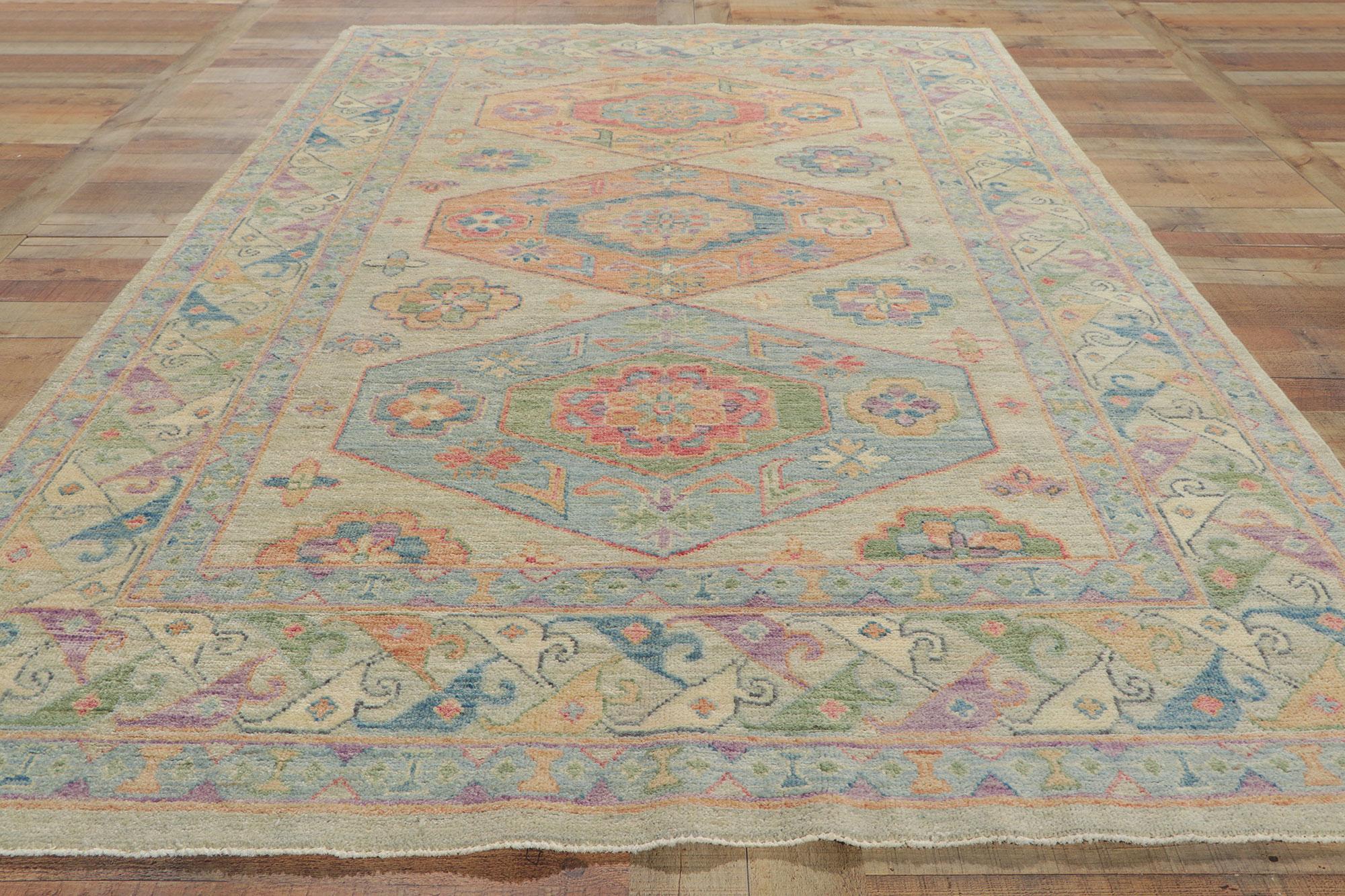 Colorful Oushak Rug, Grandmillenial Meets Tribal Enchantment For Sale 2