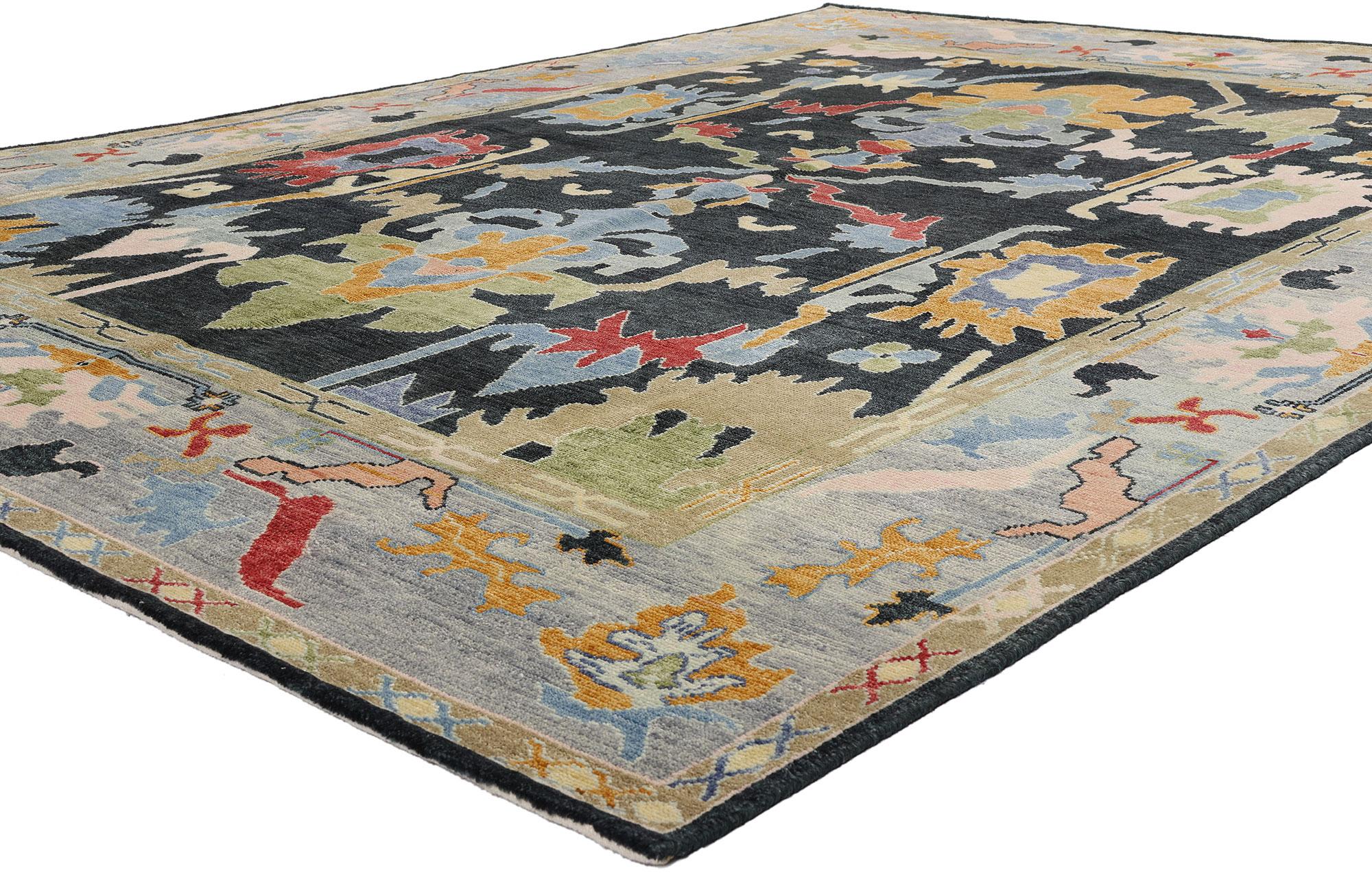 30886 New Modern Colorful Oushak Rug, 09'00 x 11'11. A statement of bold elegance and avant-garde revival, this hand-knotted wool Oushak rug from India dares to rewrite the legacy of classical design. With its dramatic onyx black field igniting a