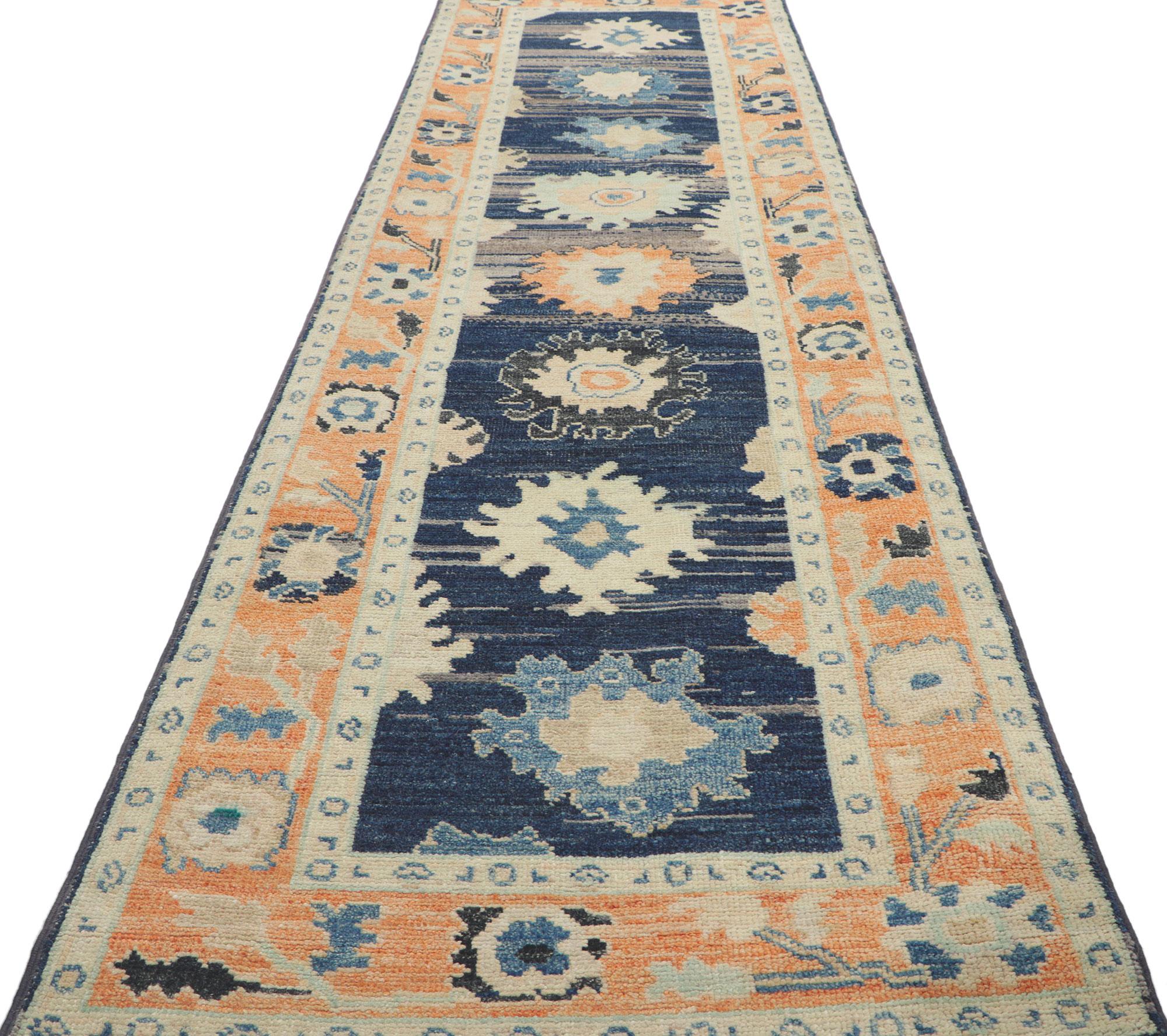 Hand-Knotted Colorful Oushak Runner, Modern Sophistication Meets Contemporary Elegance For Sale