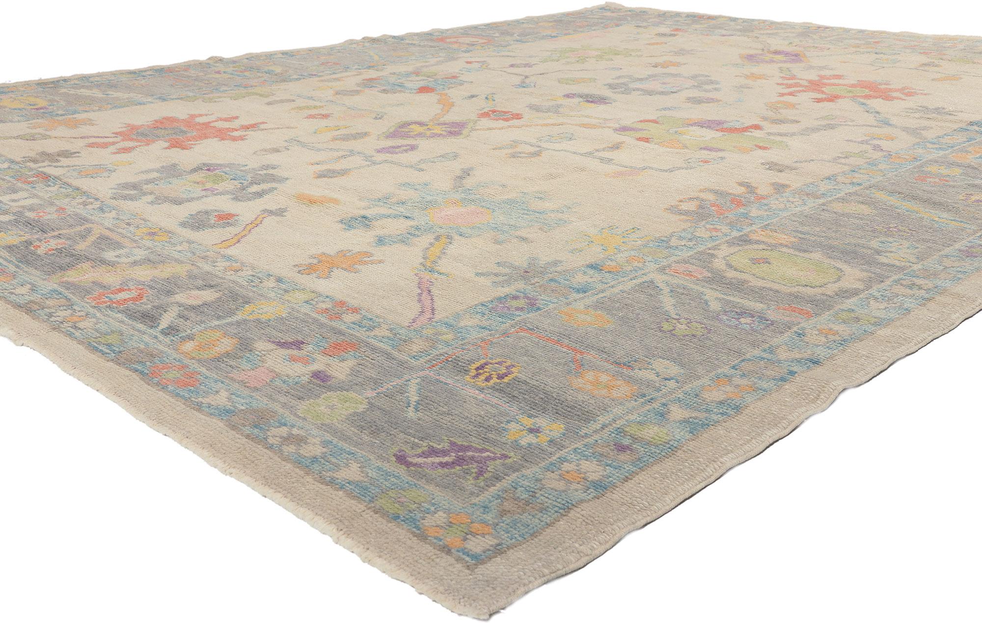 53607 Colorful Oushak Turkish Rug, 09'02 x 12'01.
Bridgerton Regencycore meets modern style in this hand-knotted wool colorful Turkish Oushak rug. The nature-inspired design and colorful earth-tones woven into this piece work together creating a