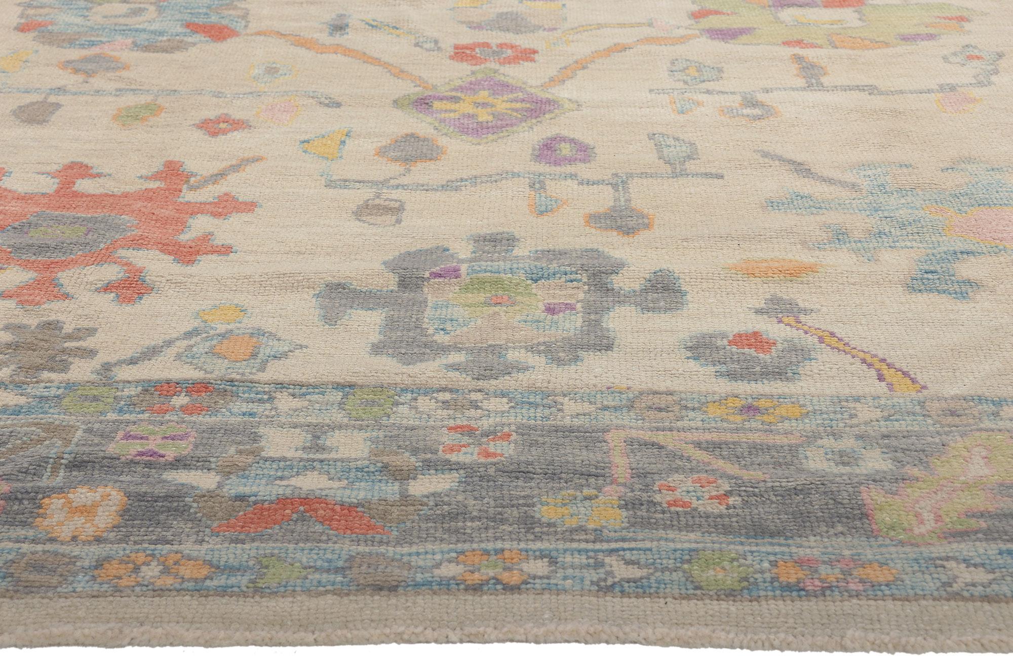 Hand-Knotted Colorful Oushak Turkish Rug, Bridgerton Regencycore Meets Modern Style For Sale