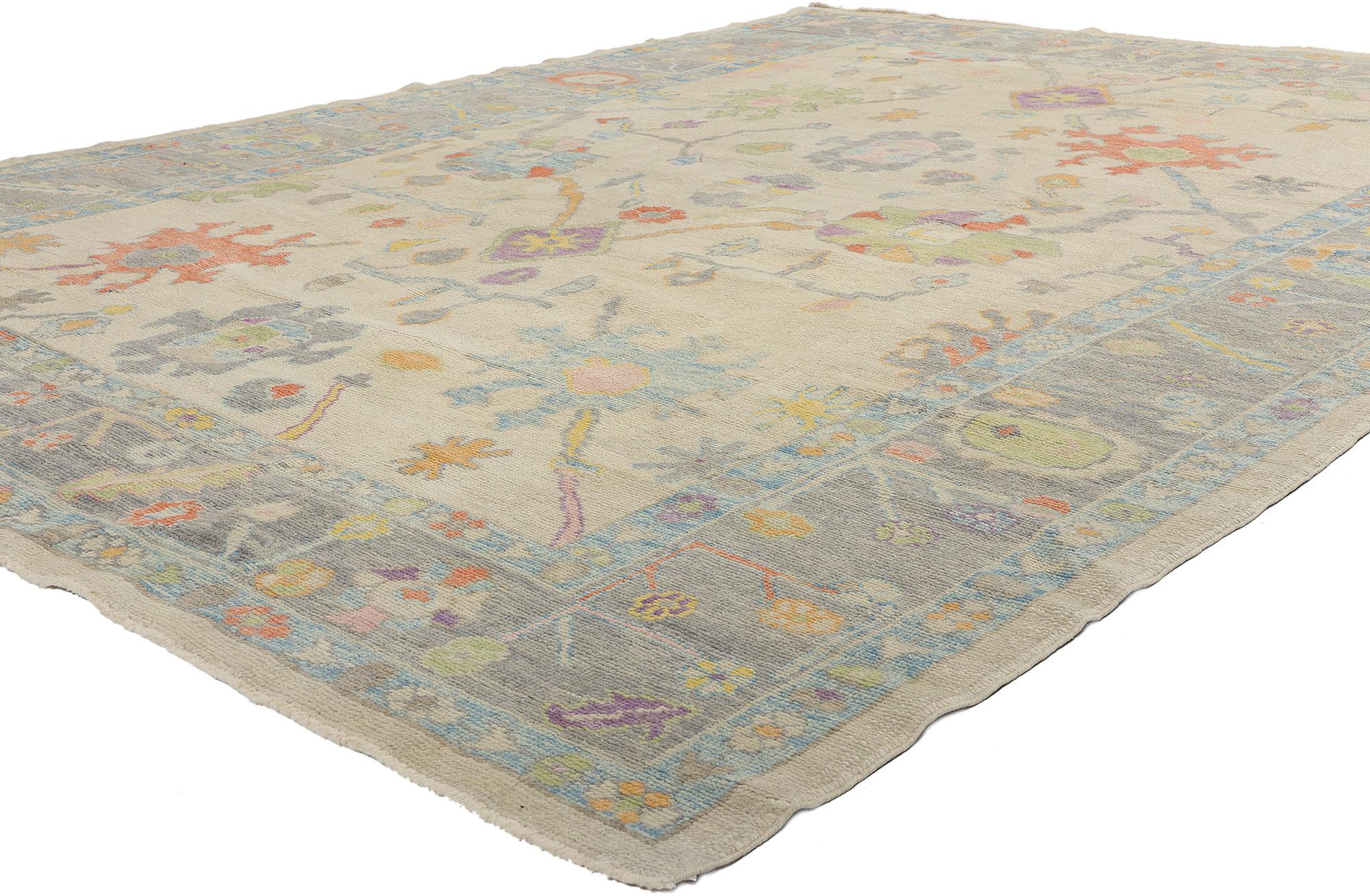 53607 New Modern Colorful Oushak Turkish Rug, 09'02 x 12'01. Eleg dans une palette onirique de teintes de lever de soleil et de fleurs de prairie, ce tapis turc moderne Oushak en laine nouée à la main chante l'élégance enjouée de la tradition