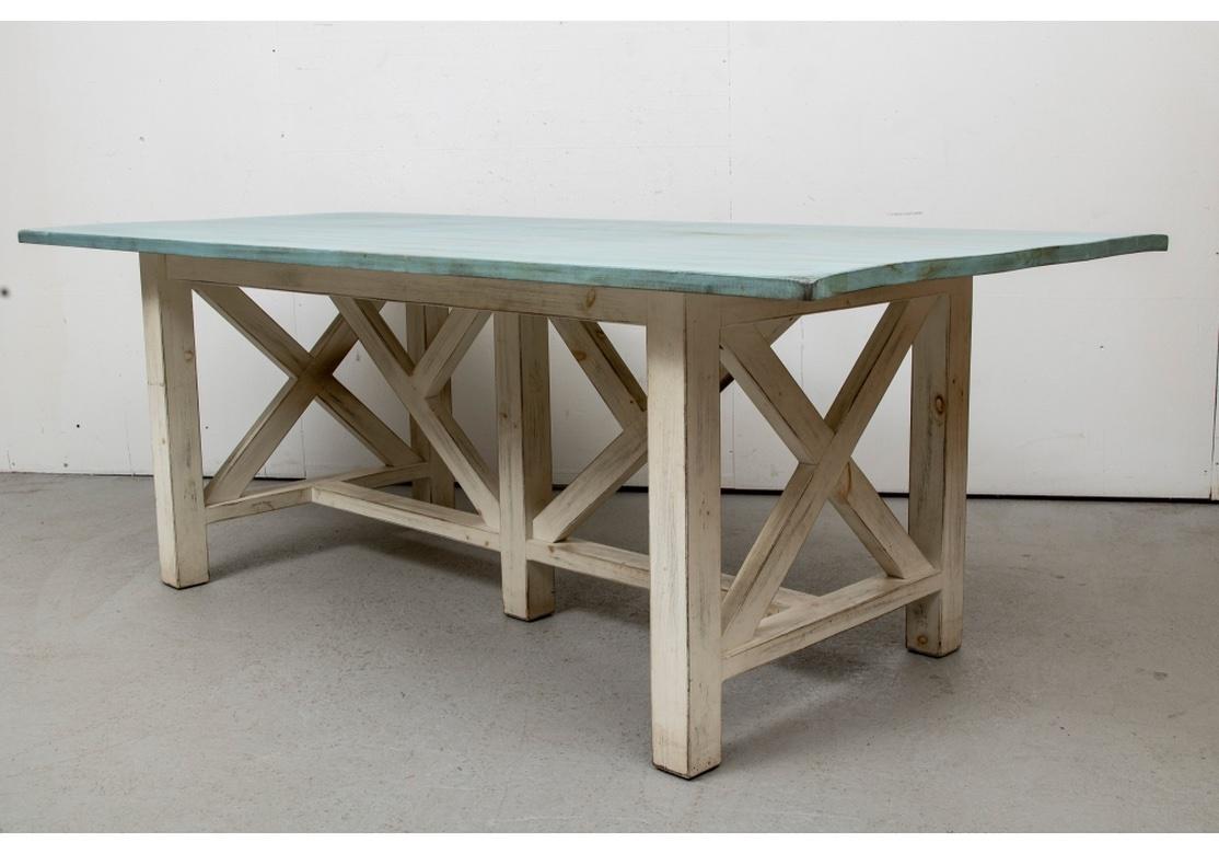 Rustic Colorful Paint Decorated Trestle Dining Table  For Sale