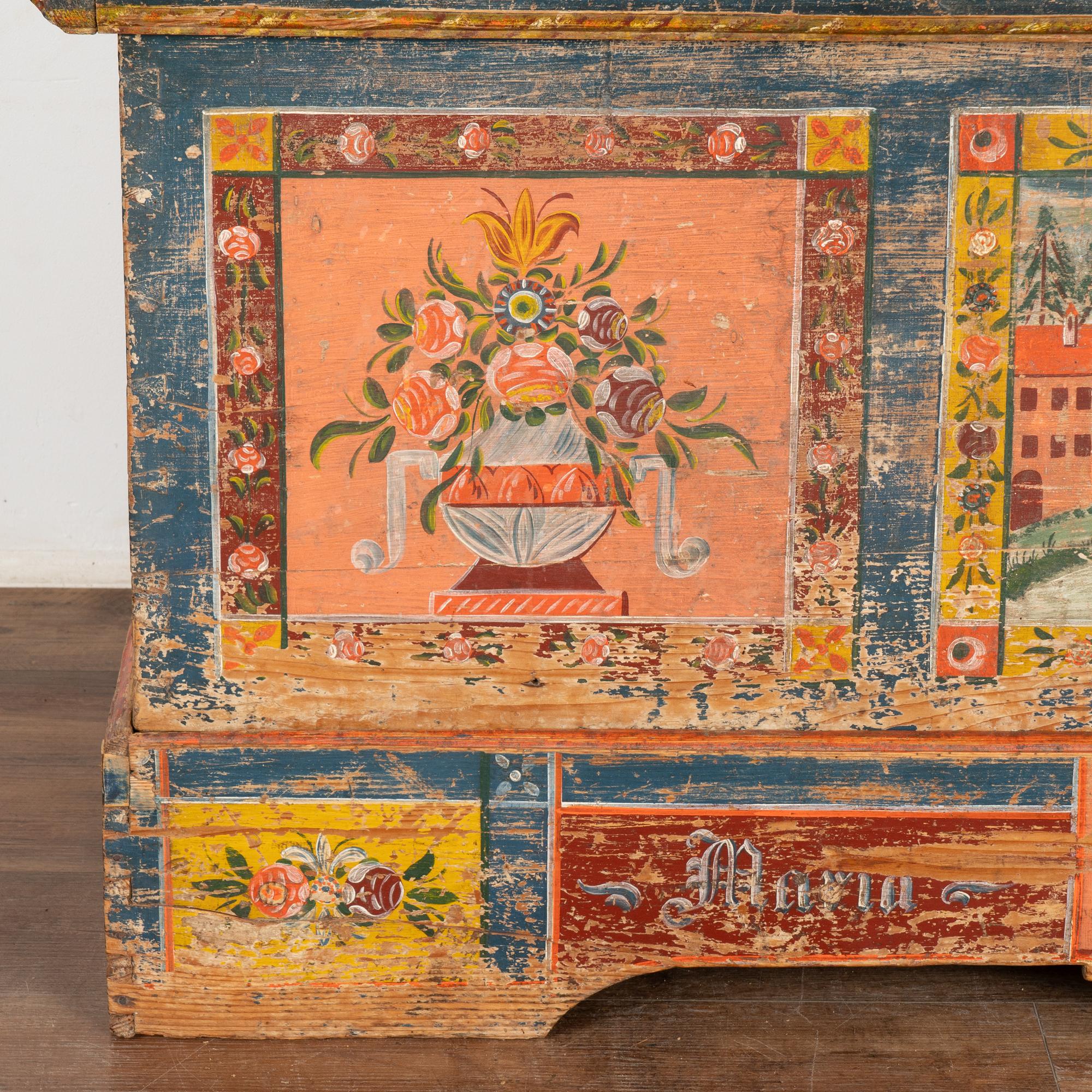 Bunte bemalte Besteck-Truhe mit flacher Platte, datiert 1803, Ungarn 2
