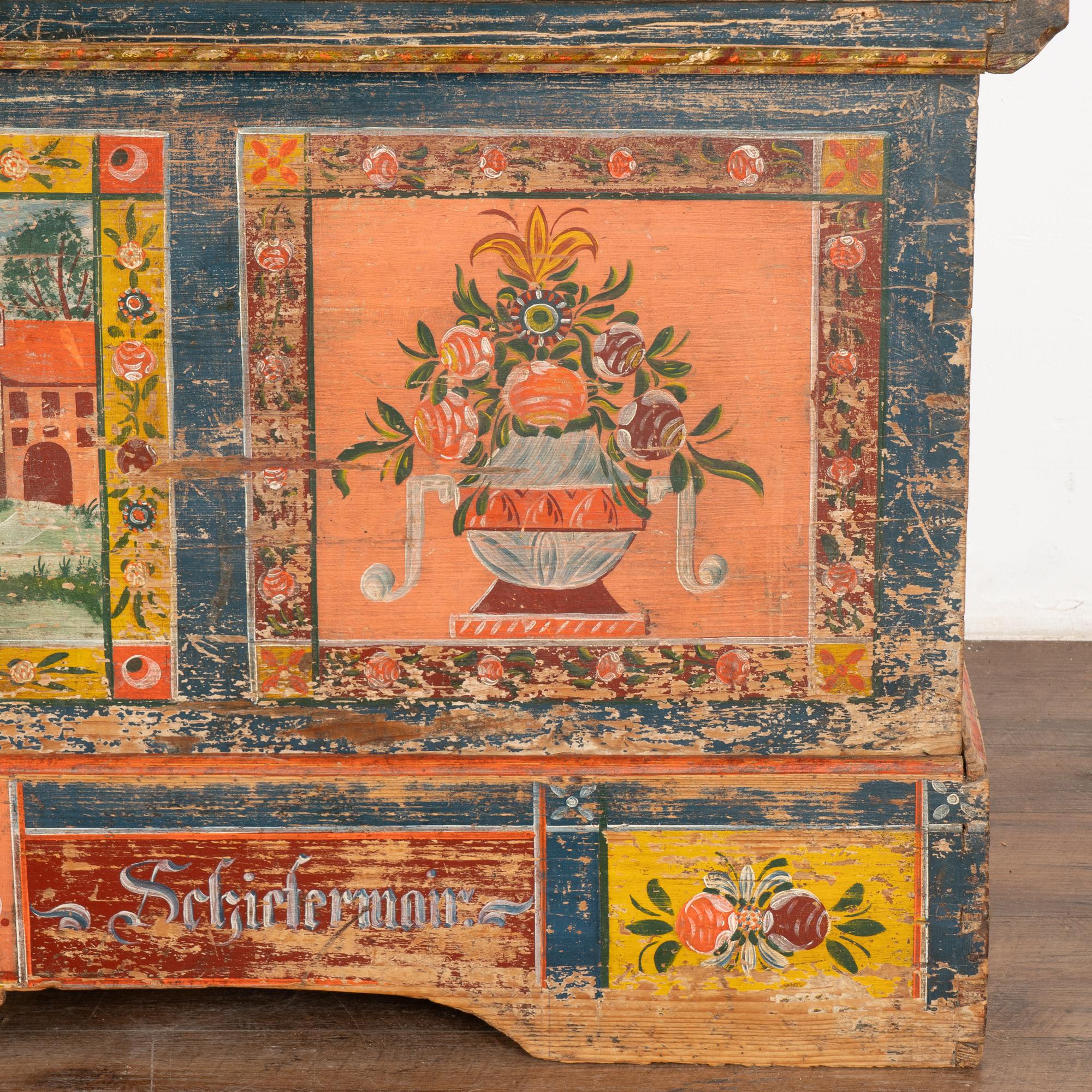 Bunte bemalte Besteck-Truhe mit flacher Platte, datiert 1803, Ungarn 3