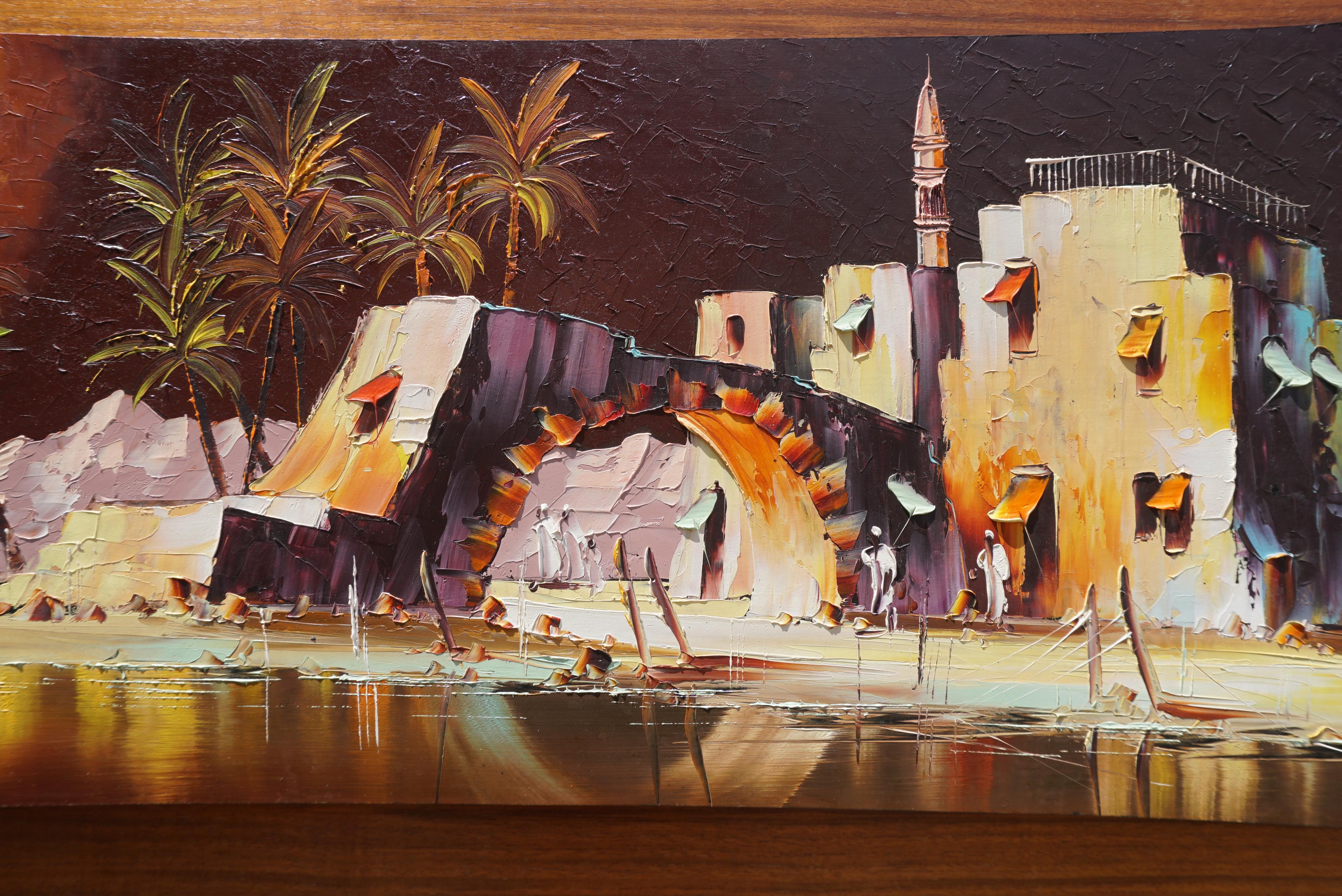 Pittura colorata con paesaggio arabo e palme - firmata Hera, 1970 in vendita 3