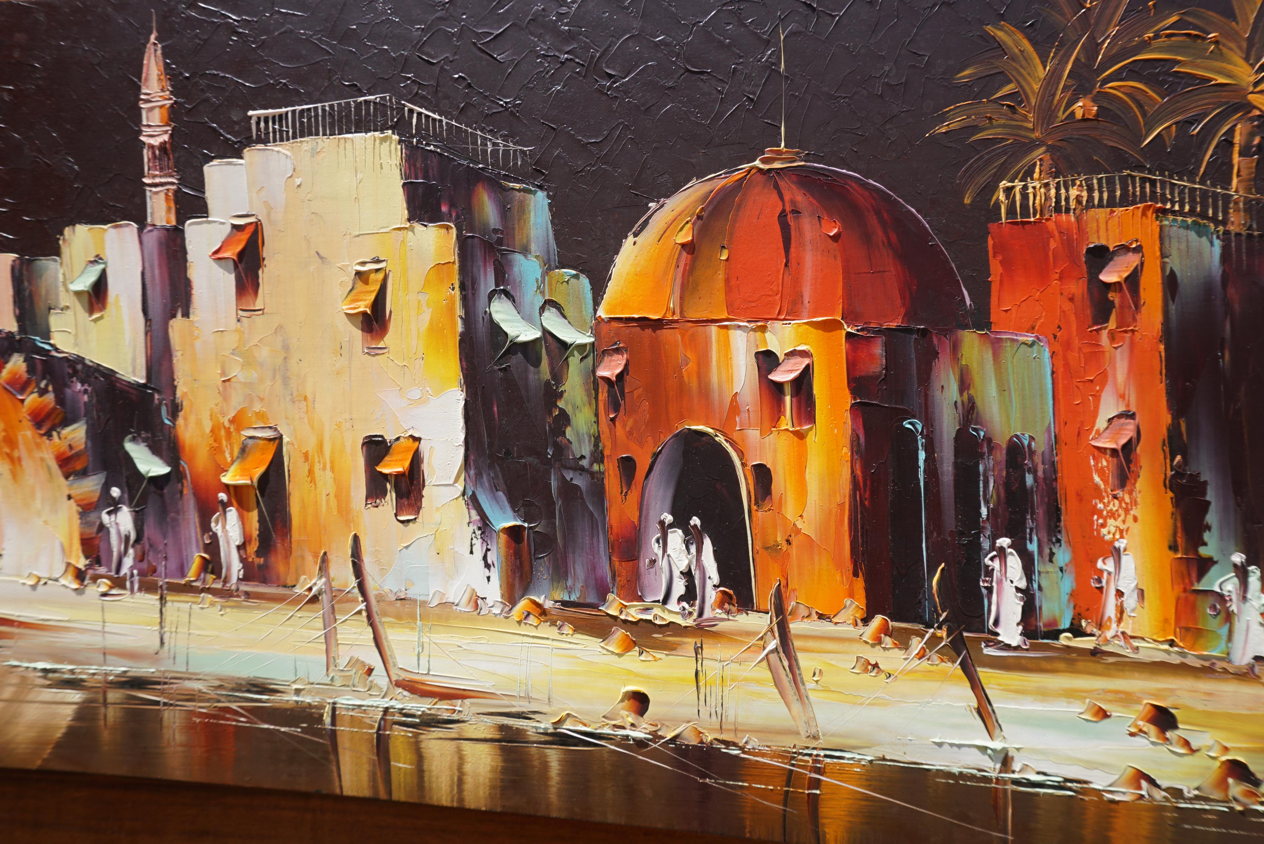 Pittura colorata con paesaggio arabo e palme - firmata Hera, 1970 in vendita 4