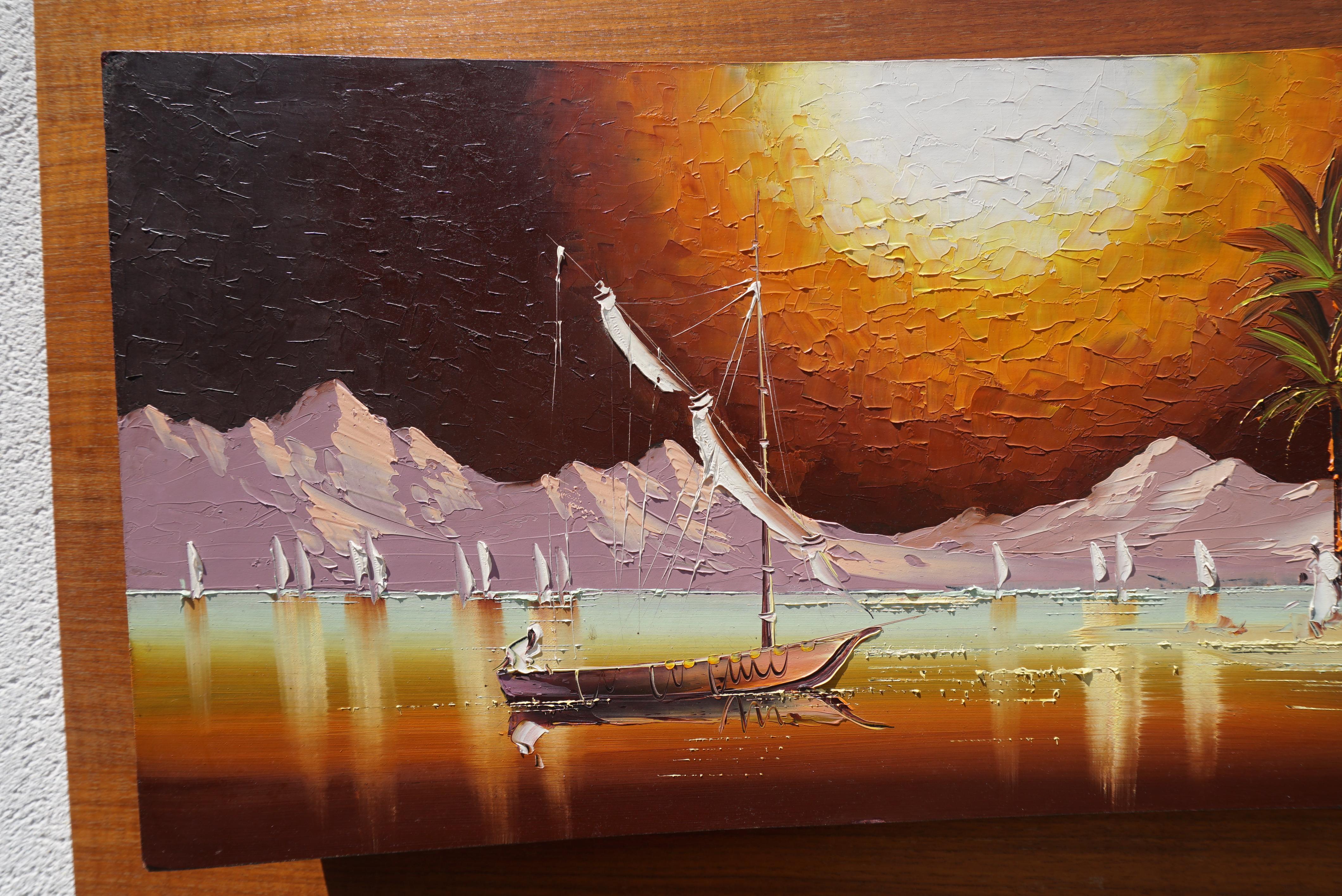 Pittura colorata con paesaggio arabo e palme - firmata Hera, 1970 in vendita 12