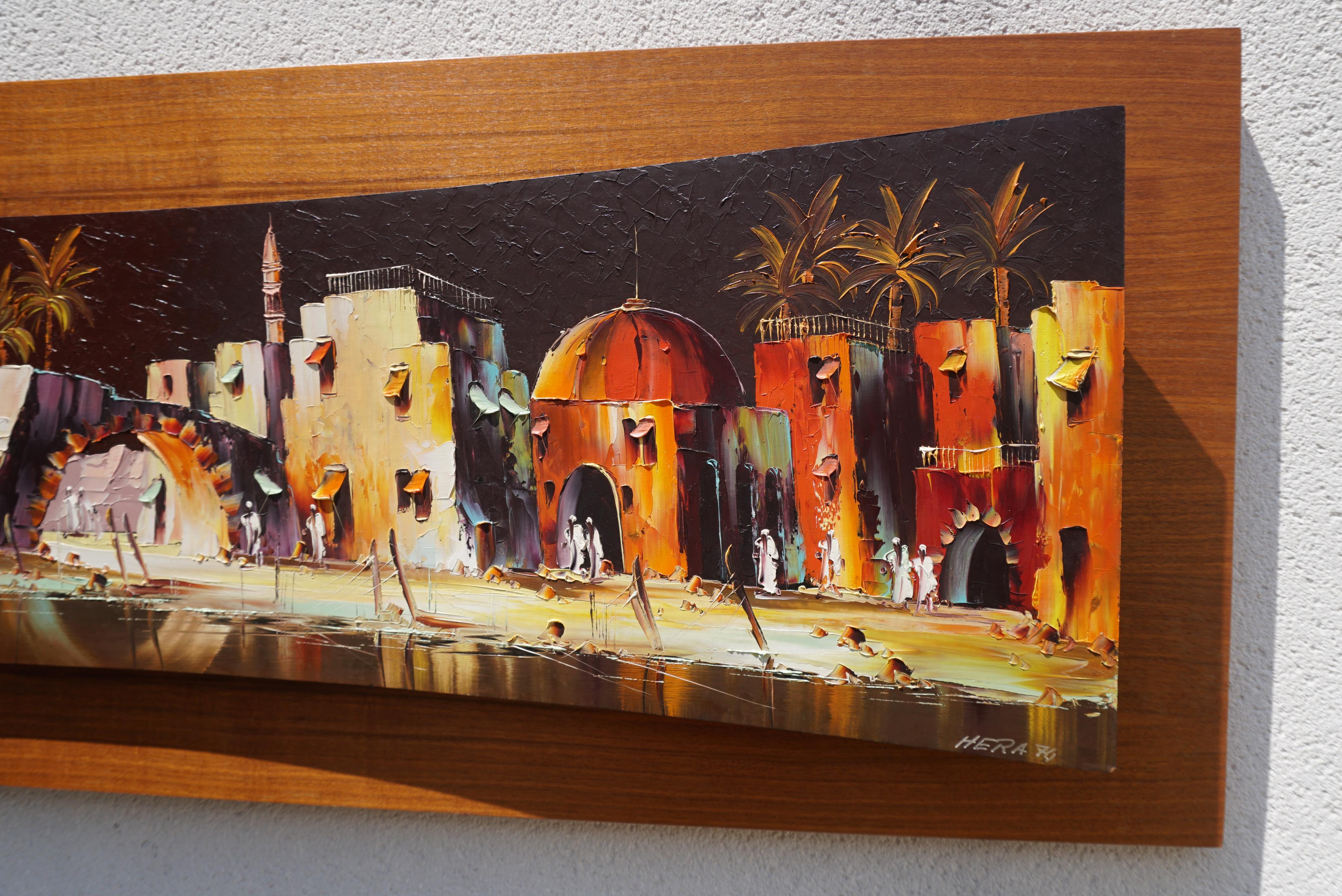Pittura colorata con paesaggio arabo e palme - firmata Hera, 1970 in vendita 13