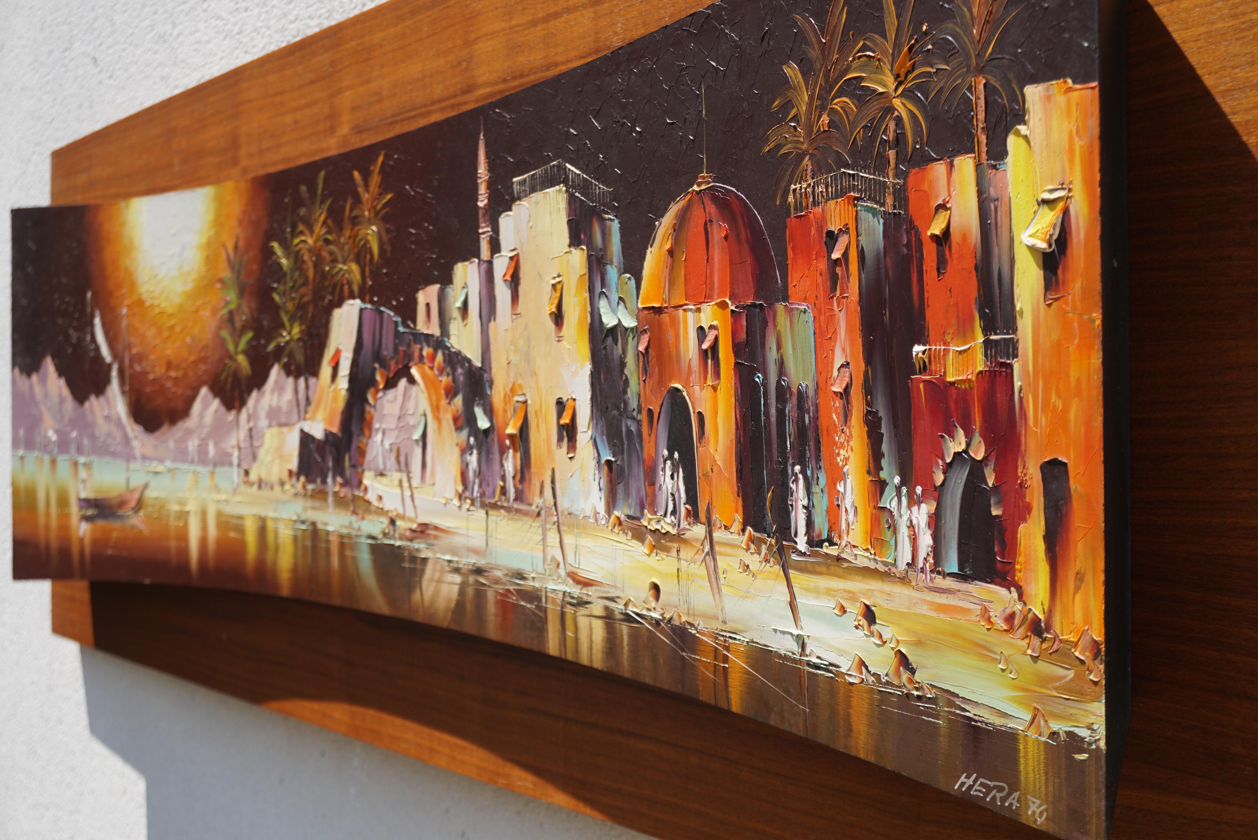 Pittura colorata con paesaggio arabo e palme - firmata Hera, 1970 in vendita 1