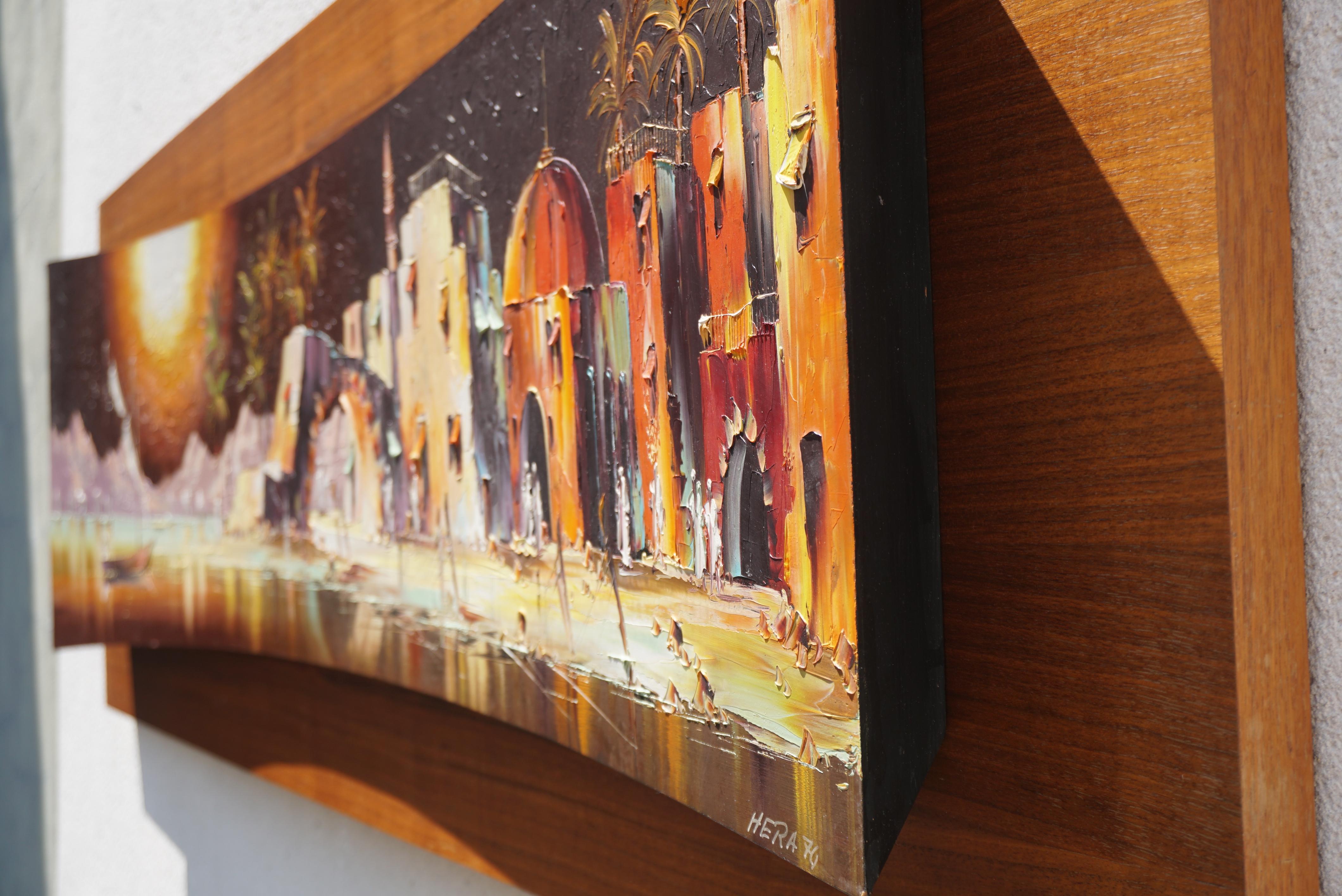 Pittura colorata con paesaggio arabo e palme - firmata Hera, 1970 in vendita 2