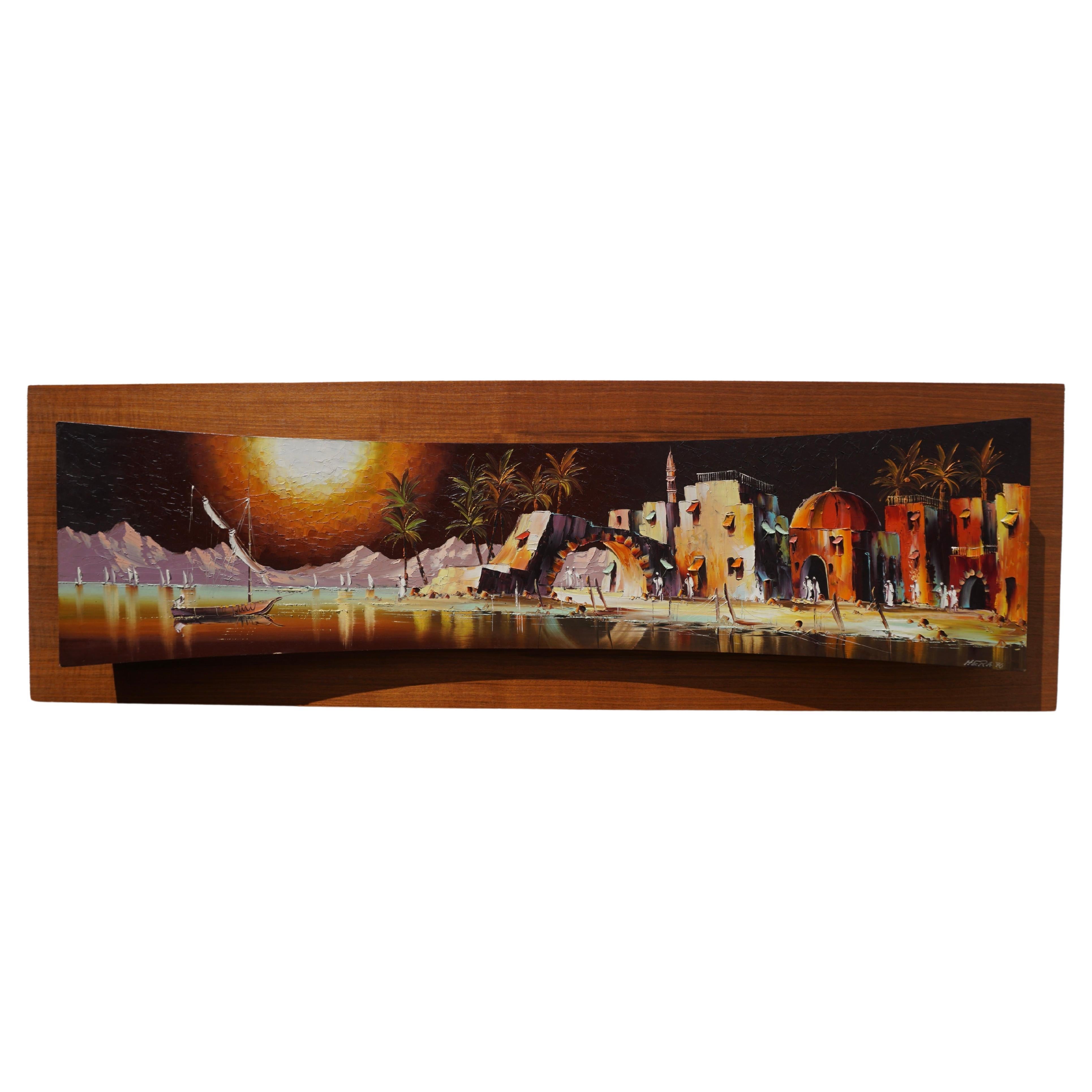 Pittura colorata con paesaggio arabo e palme - firmata Hera, 1970
