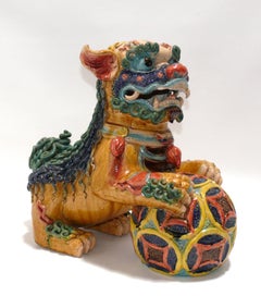 Colorful Pair of Asian Foo Dogs Believed to be Chinese circa 1960s or Earlier