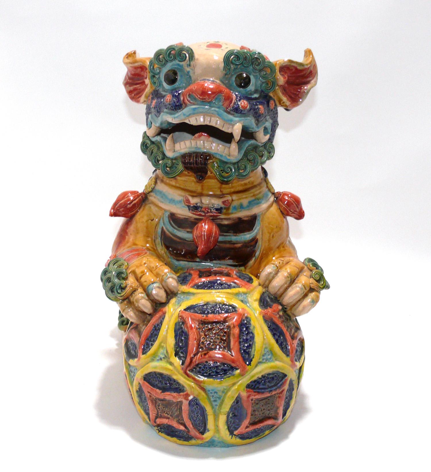 Chinese Export Colorful Pair of Asian Foo Dogs Believed to be Chinese circa 1960s or Earlier For Sale