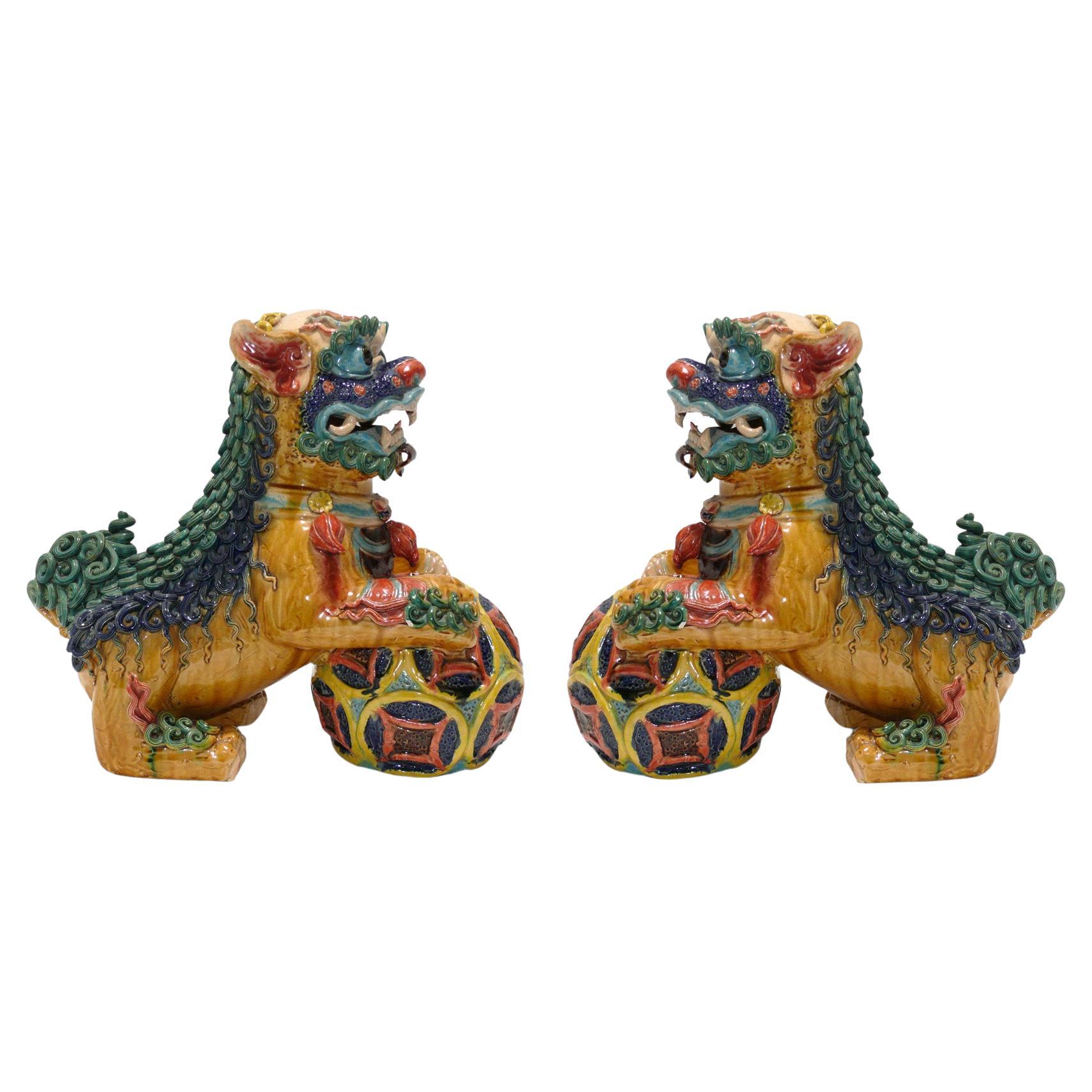 Colorful Pair of Asian Foo Dogs Believed to be Chinese circa 1960s or Earlier