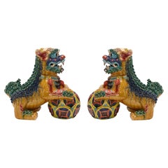 Vintage Colorful Pair of Asian Foo Dogs Believed to be Chinese circa 1960s or Earlier