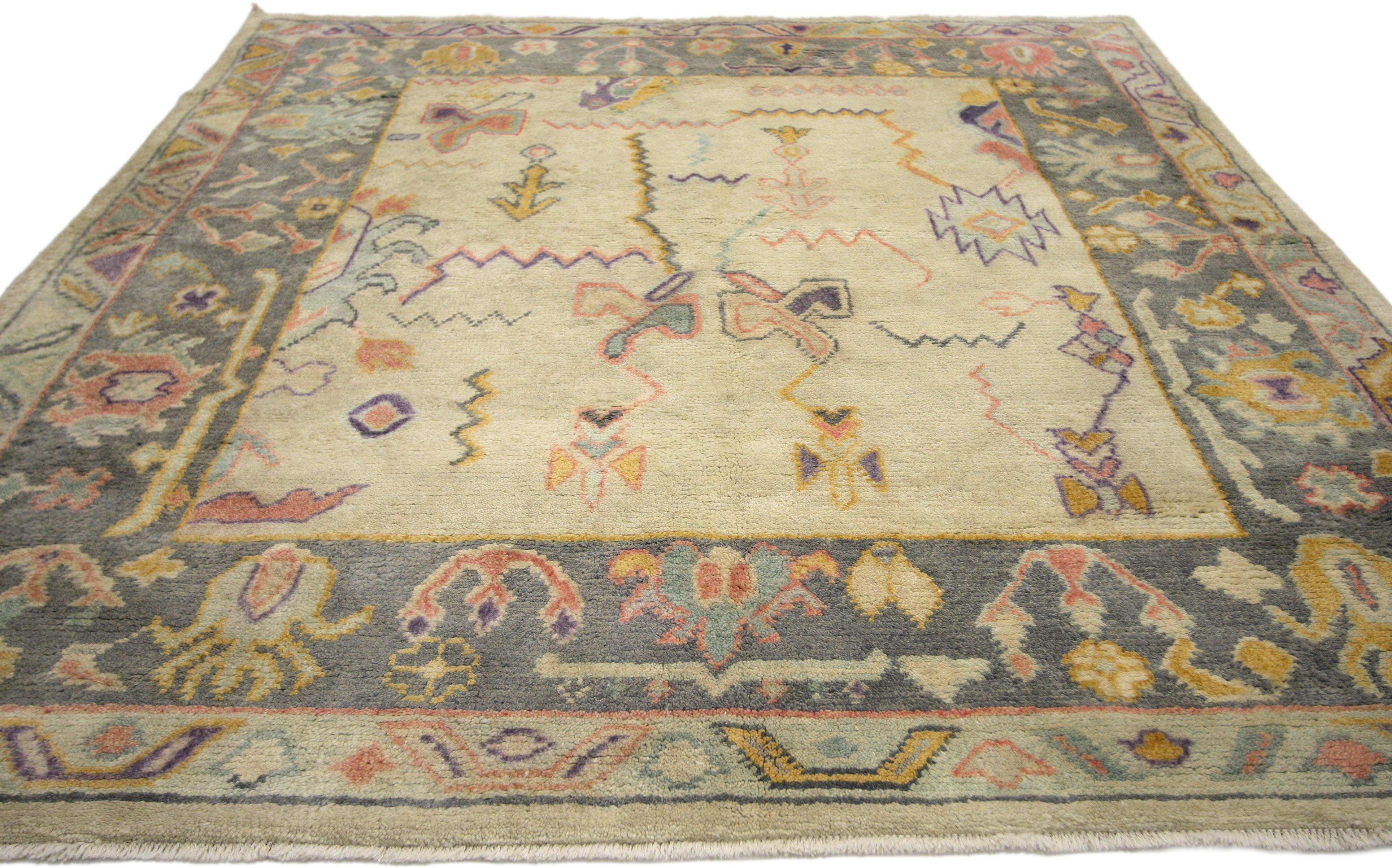 Indian New Contemporary Oushak Style Rug with Pastel Colors and Luxe Bohemian Glamour