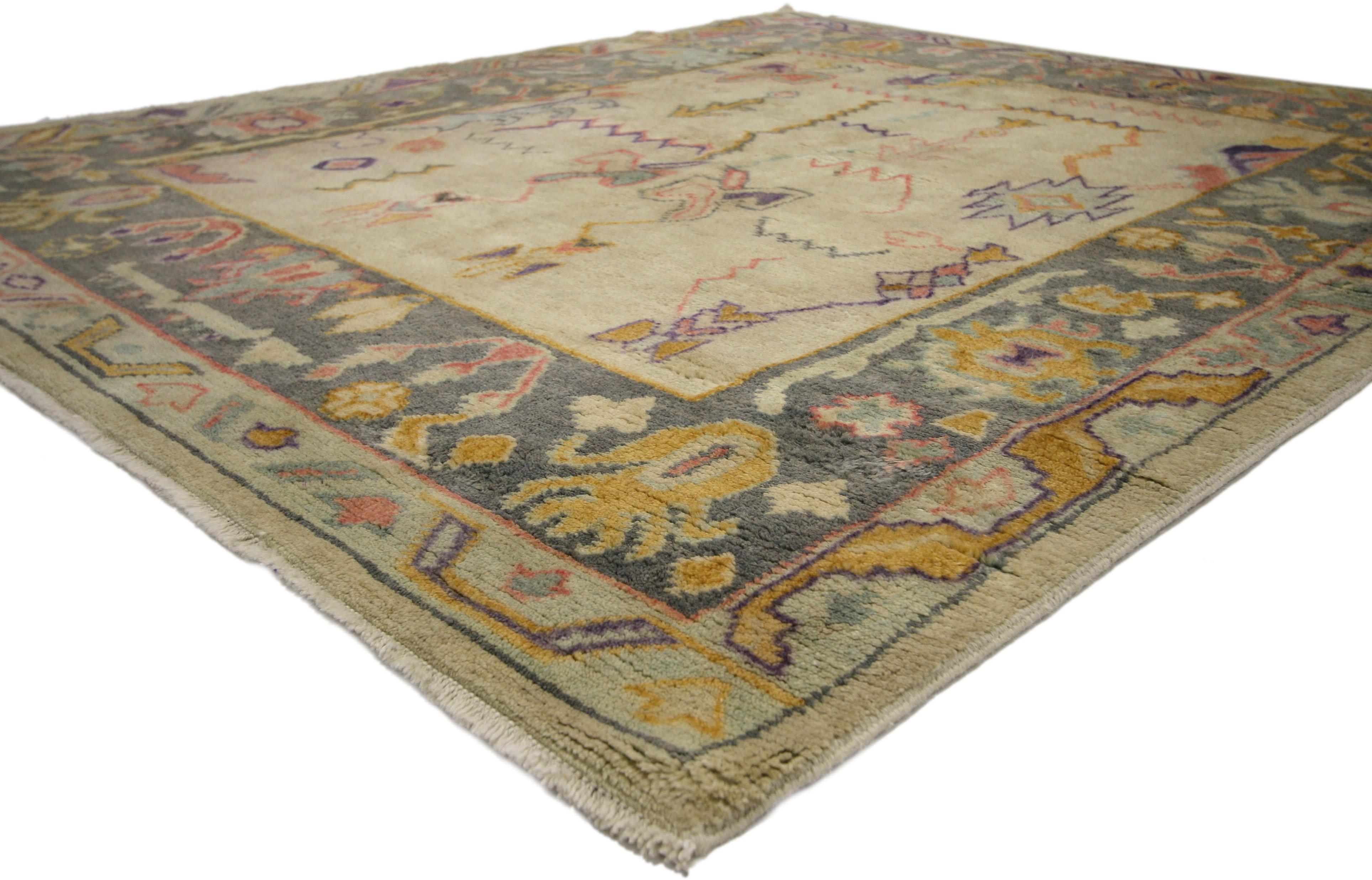 Hand-Knotted New Contemporary Oushak Style Rug with Pastel Colors and Luxe Bohemian Glamour
